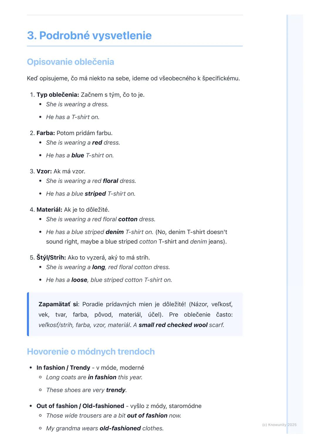 # Oblečenie a móda (Clothes
and Fashion)

1. Prehľad témy

Táto téma je super dôležitá, lebo oblečenie a móda sú všade okolo nás.
Budeme sa 