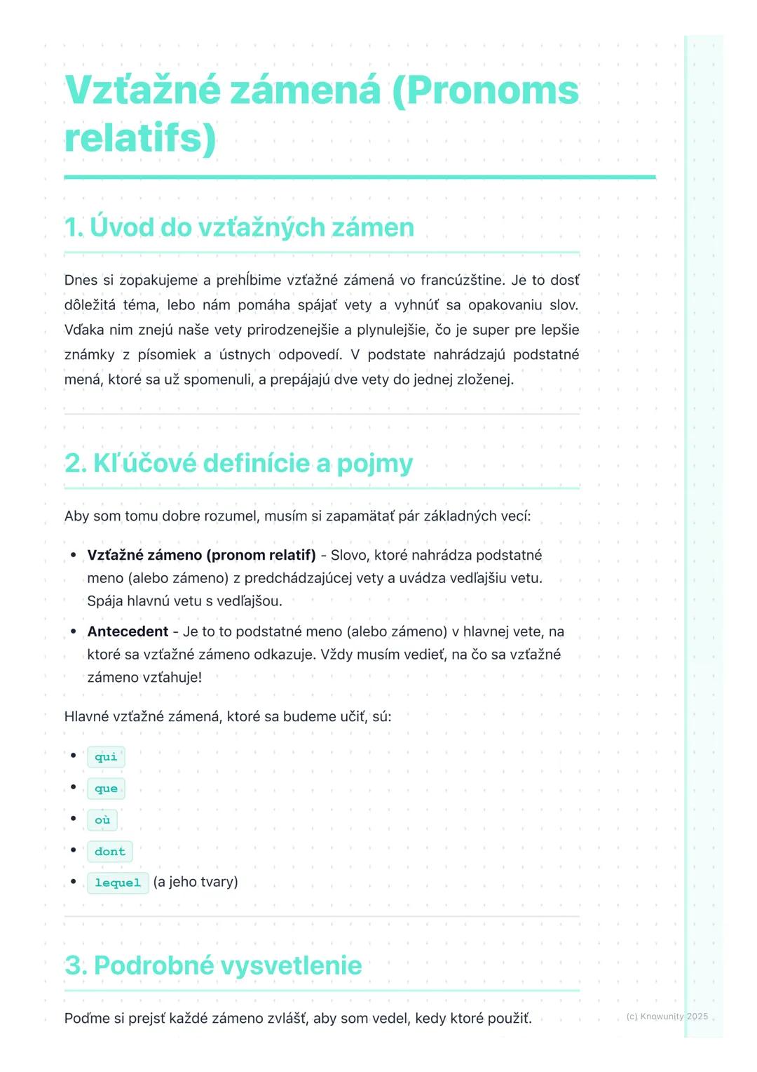 # Vzťažné zámená (Pronoms
relatifs)

1. Úvod do vzťažných zámen

Dnes si zopakujeme a prehĺbime vzťažné zámená vo francúzštine. Je to dosť
d