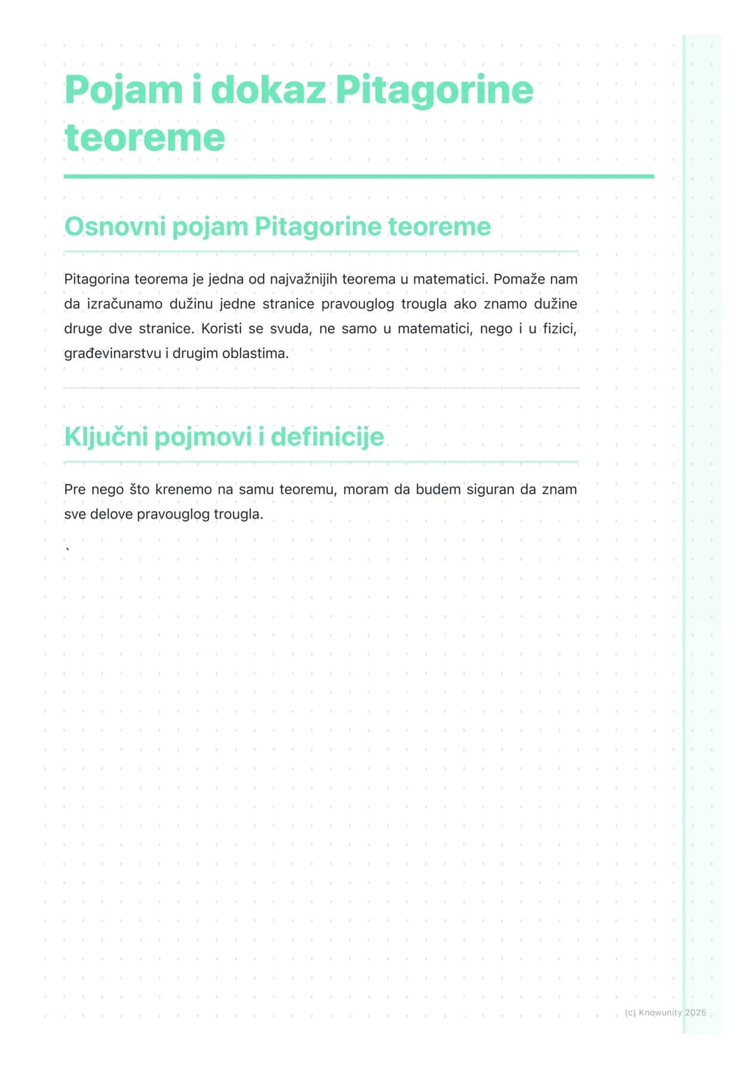 # Pojam i dokaz Pitagorine
teoreme

## Osnovni pojam Pitagorine teoreme

Pitagorina teorema je jedna od najvažnijih teorema u matematici. Po
