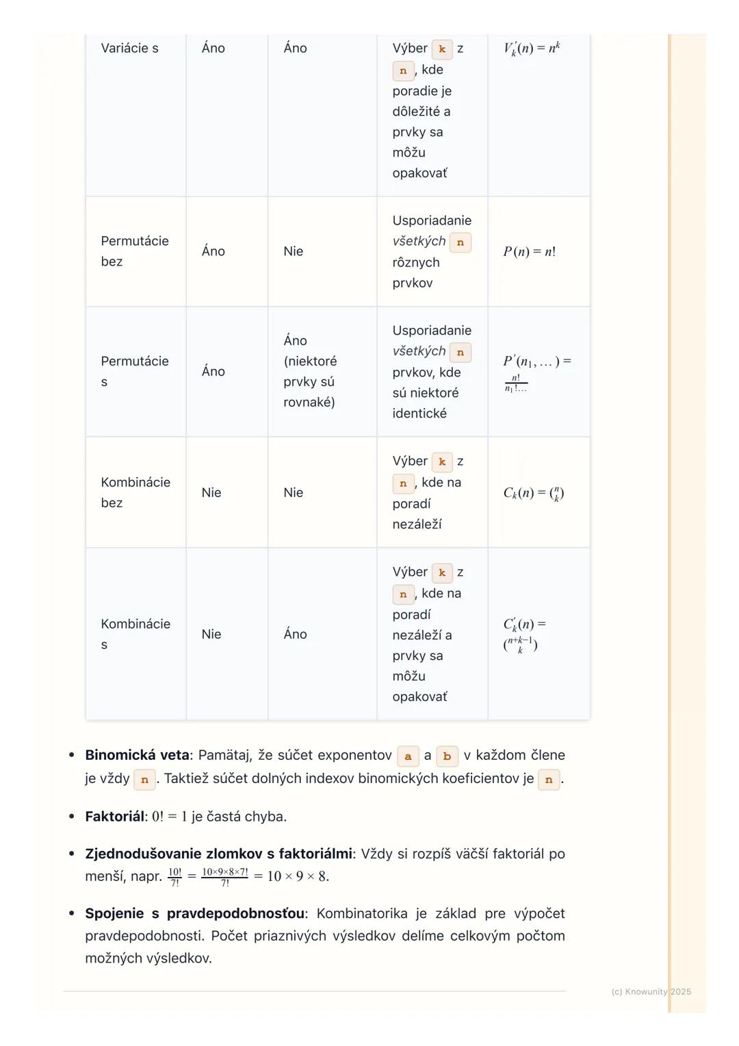 # Kombinatorika

## 1. Úvod do kombinatoriky

Kombinatorika je dôležitá časť matematiky, ktorá sa zaoberá počítaním rôznych
možností usporia