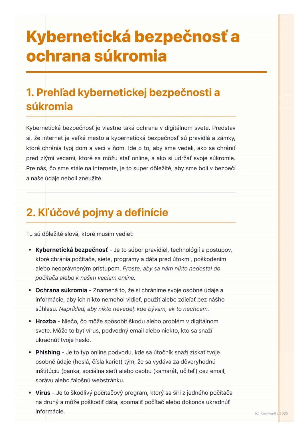 # Kybernetická bezpečnosť a
ochrana súkromia

1. Prehľad kybernetickej bezpečnosti a
súkromia

Kybernetická bezpečnosť je vlastne taká ochra