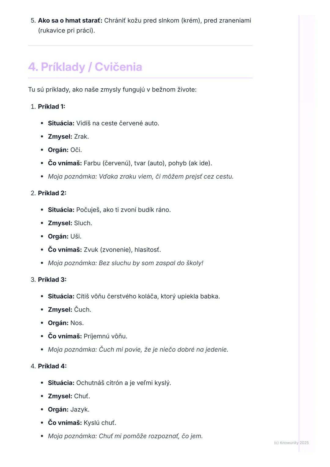 # Naše zmysly

1. Prehľad našich zmyslov

Naše zmysly sú ako naši pomocníci, ktorí nám pomáhajú spoznávať svet
okolo nás. Vďaka nim vieme, č