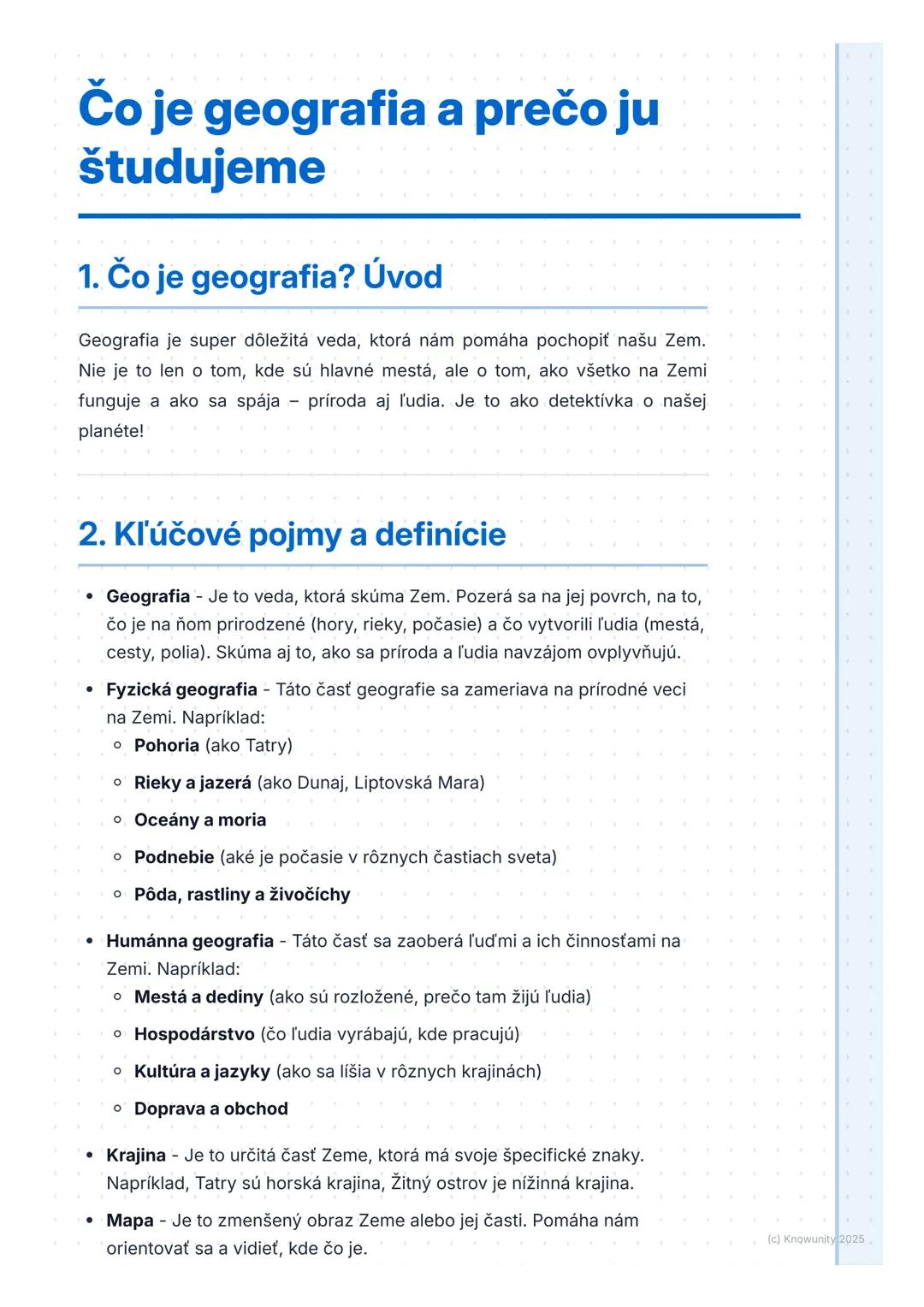 # Čo je geografia a prečo ju
študujeme

1. Čo je geografia? Úvod

Geografia je super dôležitá veda, ktorá nám pomáha pochopiť našu Zem.
Nie 