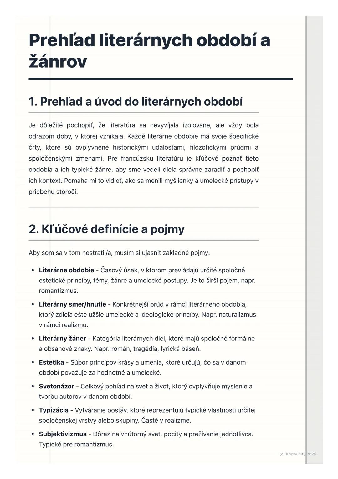 # Prehľad literárnych období a
žánrov

1. Prehľad a úvod do literárnych období

Je dôležité pochopiť, že literatúra sa nevyvíjala izolovane,