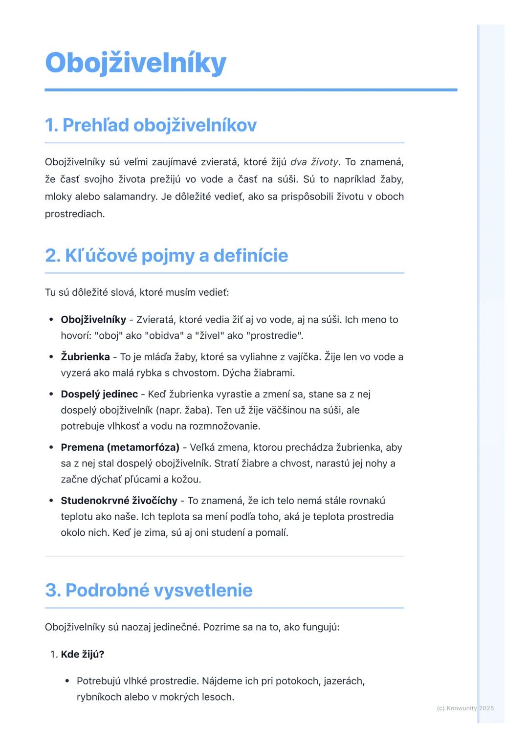 # Obojživelníky

## 1. Prehľad obojživelníkov

Obojživelníky sú veľmi zaujímavé zvieratá, ktoré žijú dva životy. To znamená,
že časť svojho 