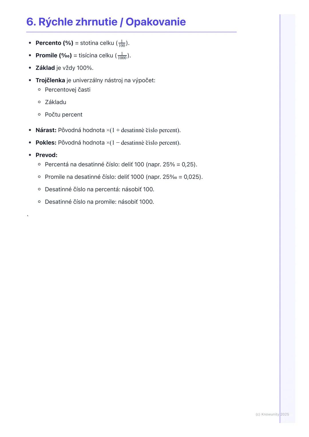 # Percentá a promile

1. Prehľad / Úvod

Dnes si zopakujeme percentá a promile. Je to dôležité, lebo percentá vidíme
všade okolo nás - v obc