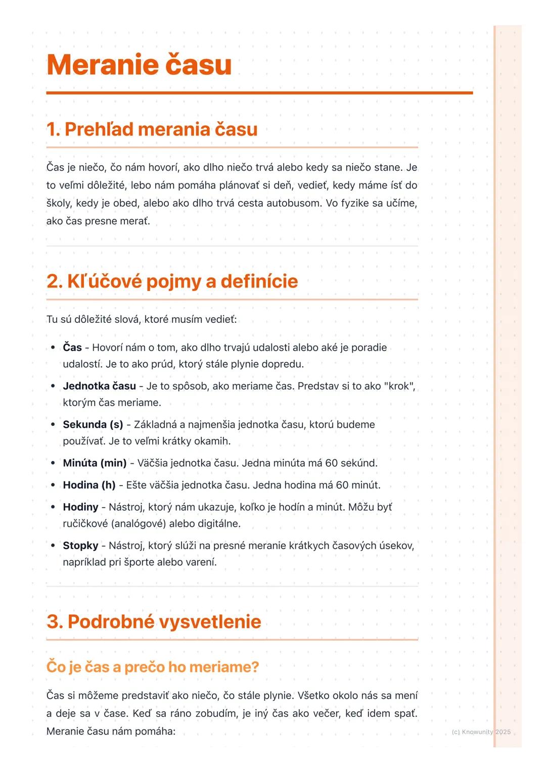 # Meranie času

1. Prehľad merania času

Čas je niečo, čo nám hovorí, ako dlho niečo trvá alebo kedy sa niečo stane. Je
to veľmi dôležité, l