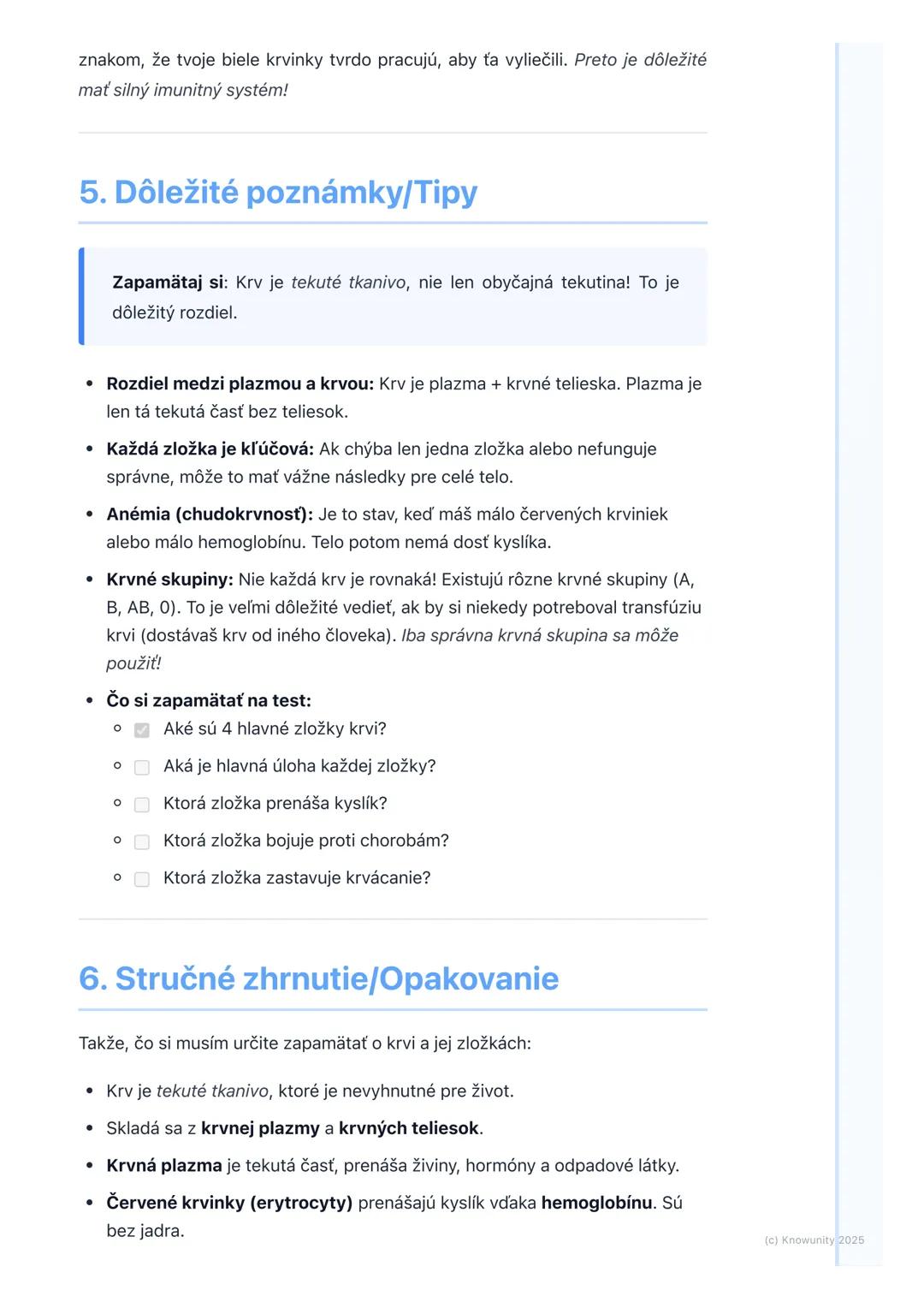 # Krv a jej zložky

1. Prehľad témy

Krv je super dôležitá tekutina v našom tele. Je to vlastne také tekuté tkanivo,
ktoré prúdi v našich ci