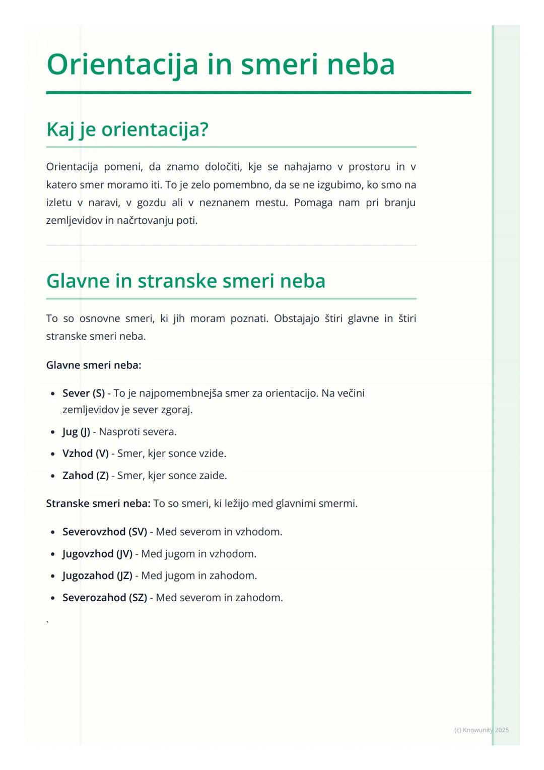 # Orientacija in smeri neba

Kaj je orientacija?

Orientacija pomeni, da znamo določiti, kje se nahajamo v prostoru in v
katero smer moramo 