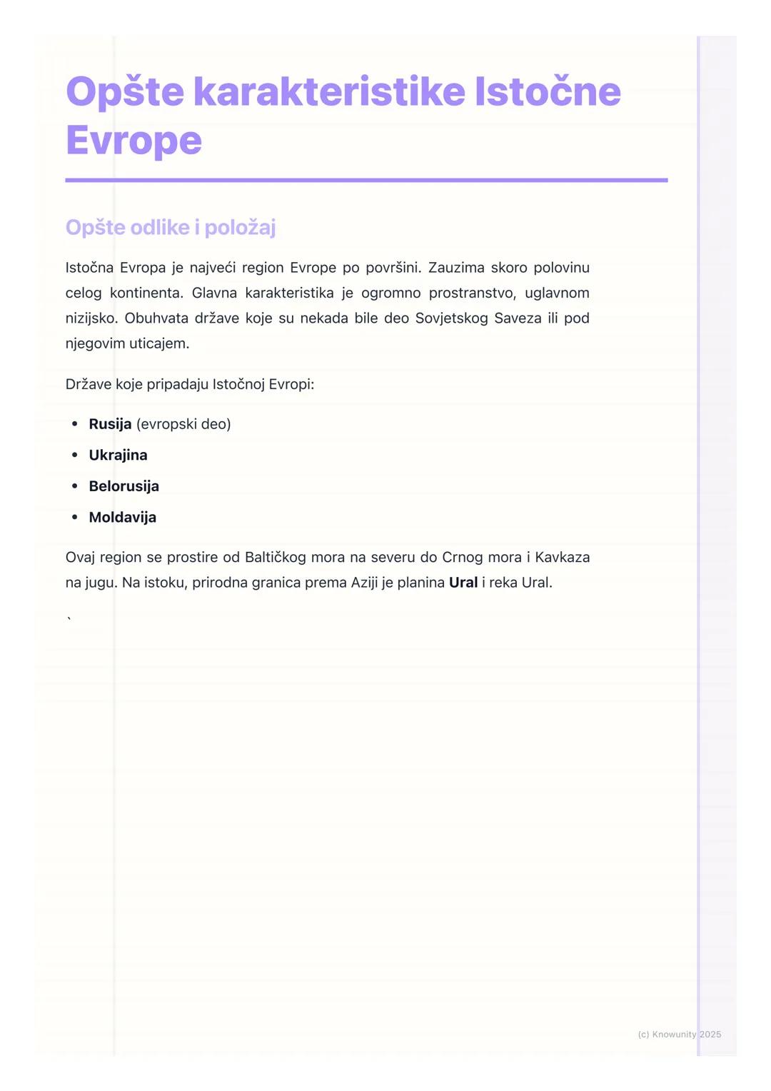 # Opšte karakteristike Istočne
Evrope

Opšte odlike i položaj

Istočna Evropa je najveći region Evrope po površini. Zauzima skoro polovinu
c