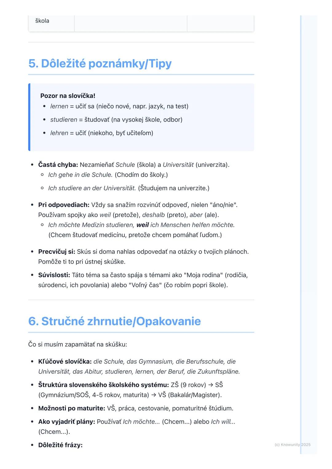 # Vzdelávanie a štúdium

## 1. Prehľad témy

Táto téma je super dôležitá pre našu nemčinu, lebo sa často rozprávame o
škole, čo chceme robiť