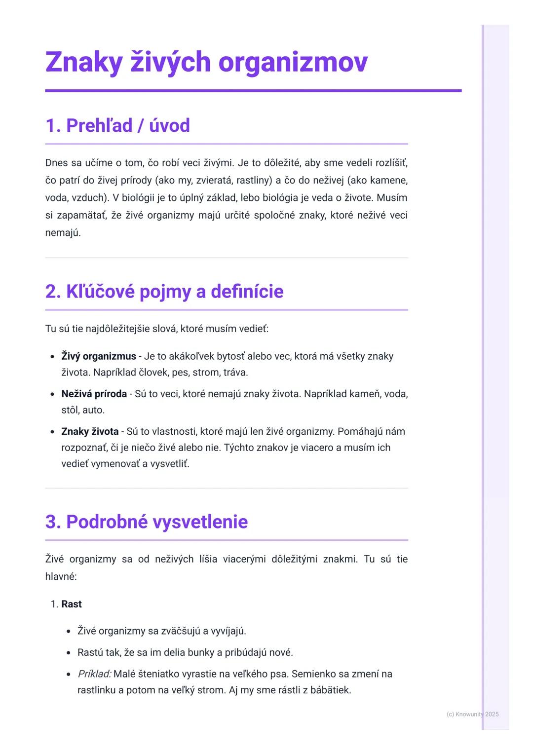 # Znaky živých organizmov

1. Prehľad / úvod

Dnes sa učíme o tom, čo robí veci živými. Je to dôležité, aby sme vedeli rozlíšiť,
čo patrí do