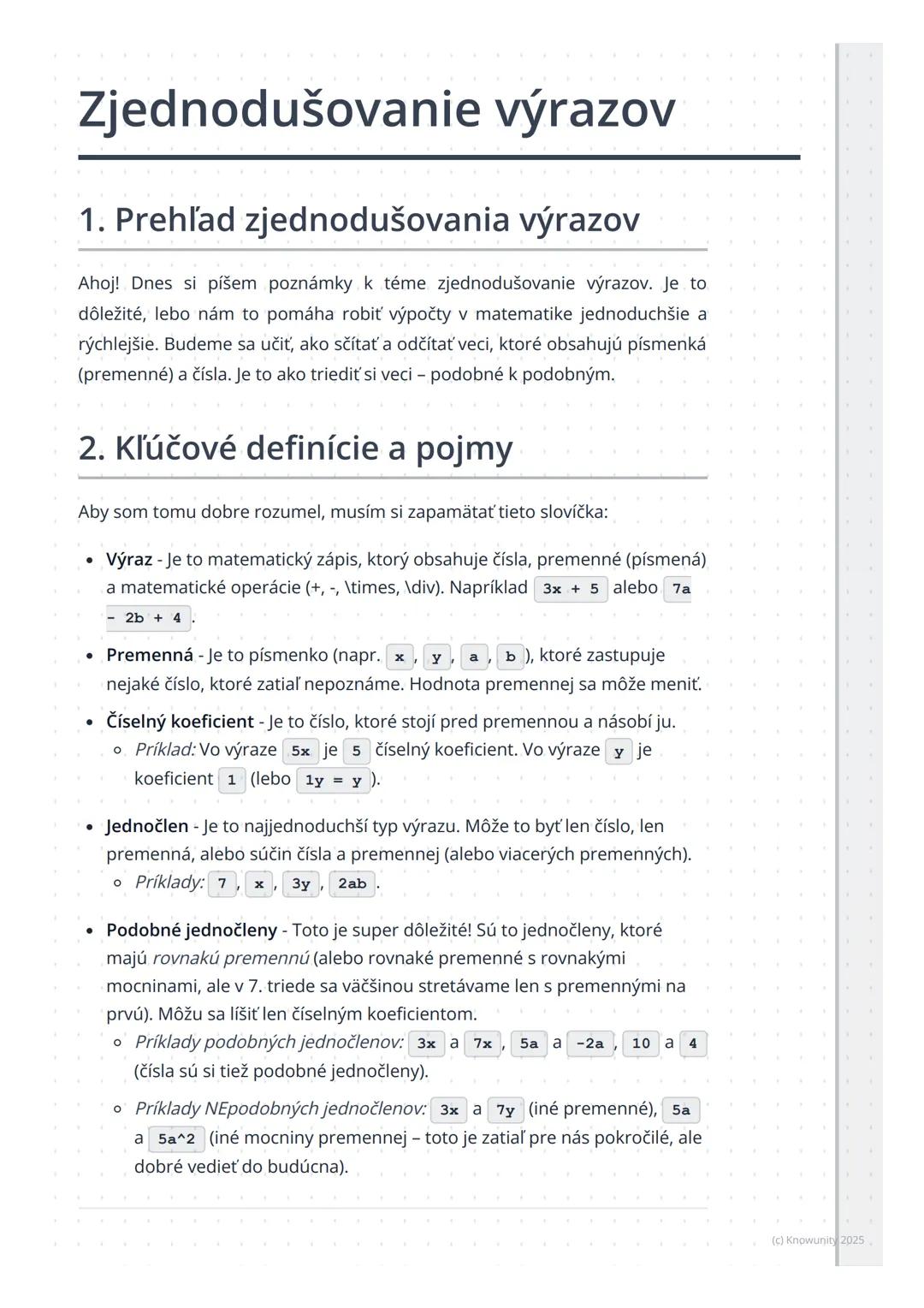 # Zjednodušovanie výrazov

## 1. Prehľad zjednodušovania výrazov

Ahoj! Dnes si píšem poznámky k téme zjednodušovanie výrazov. Je to
dôležit