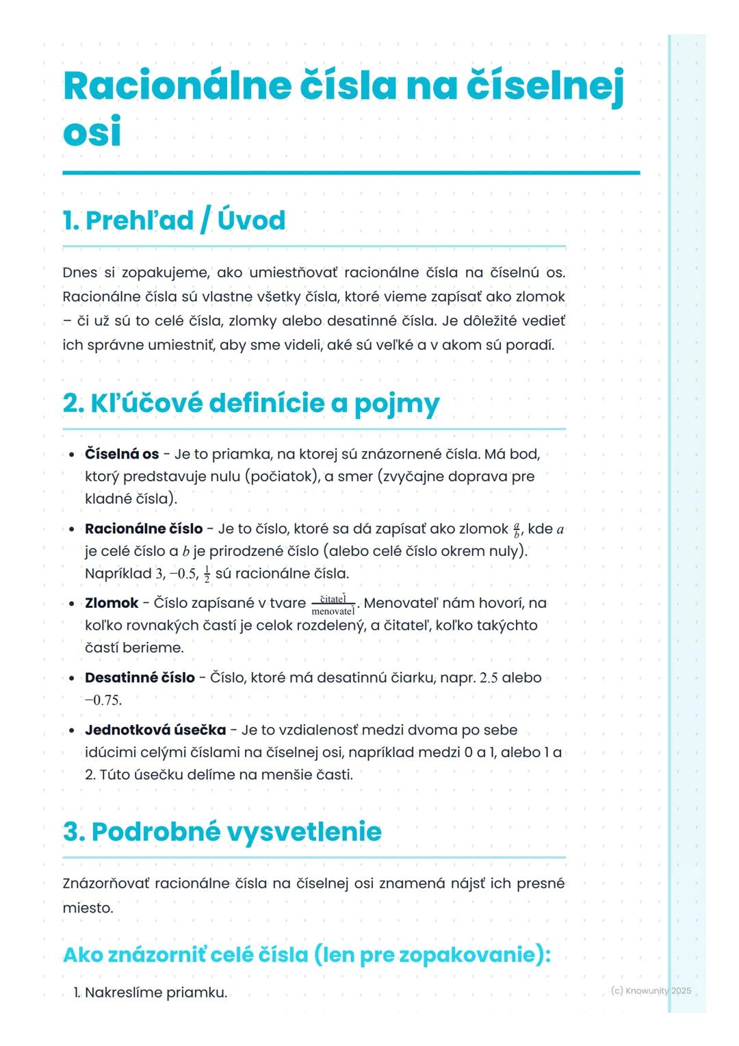 # Racionálne čísla na číselnej
osi

1. Prehľad / Úvod

Dnes si zopakujeme, ako umiestňovať racionálne čísla na číselnú os.
Racionálne čísla 