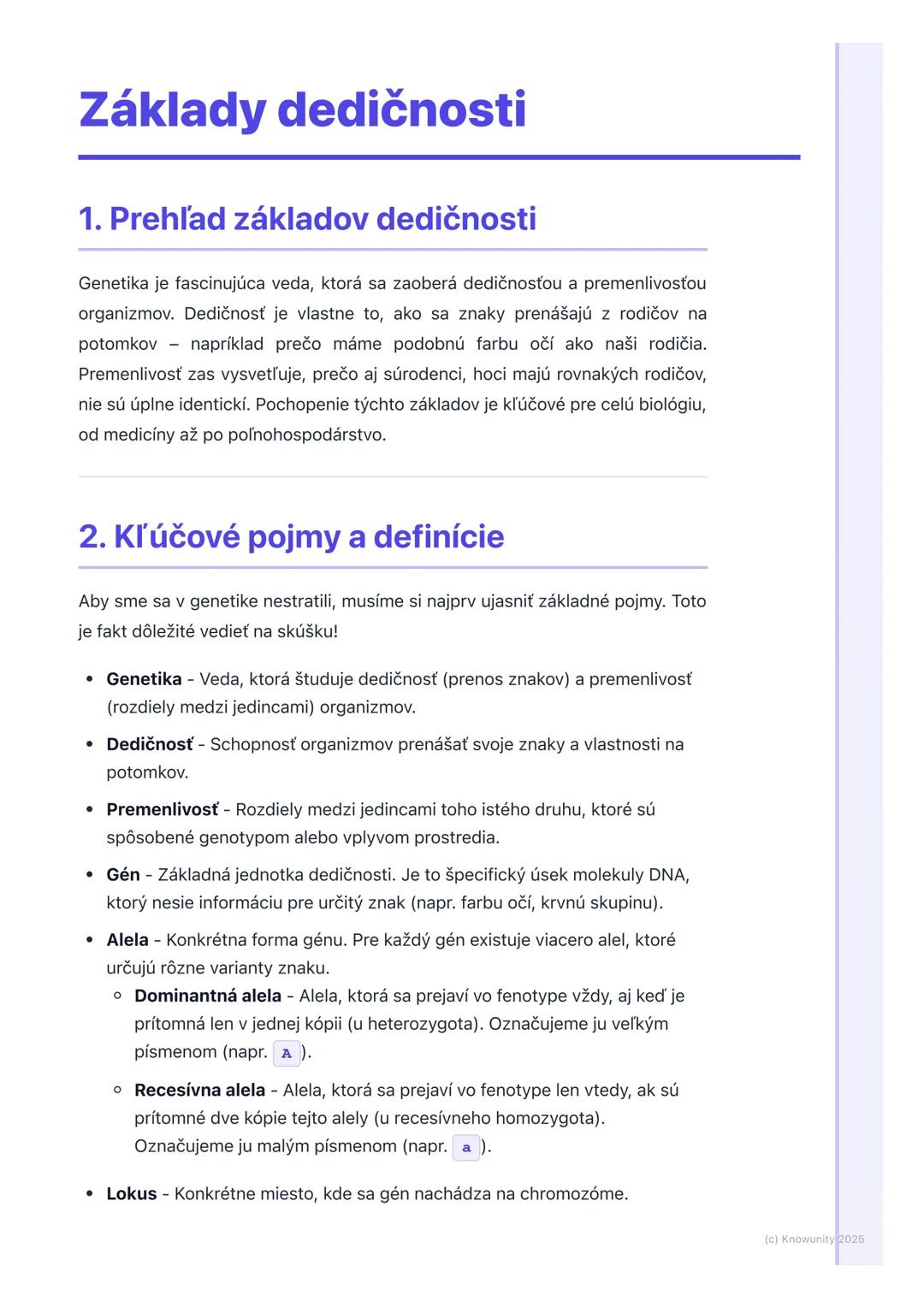 # Základy dedičnosti

## 1. Prehľad základov dedičnosti

Genetika je fascinujúca veda, ktorá sa zaoberá dedičnosťou a premenlivosťou
organiz