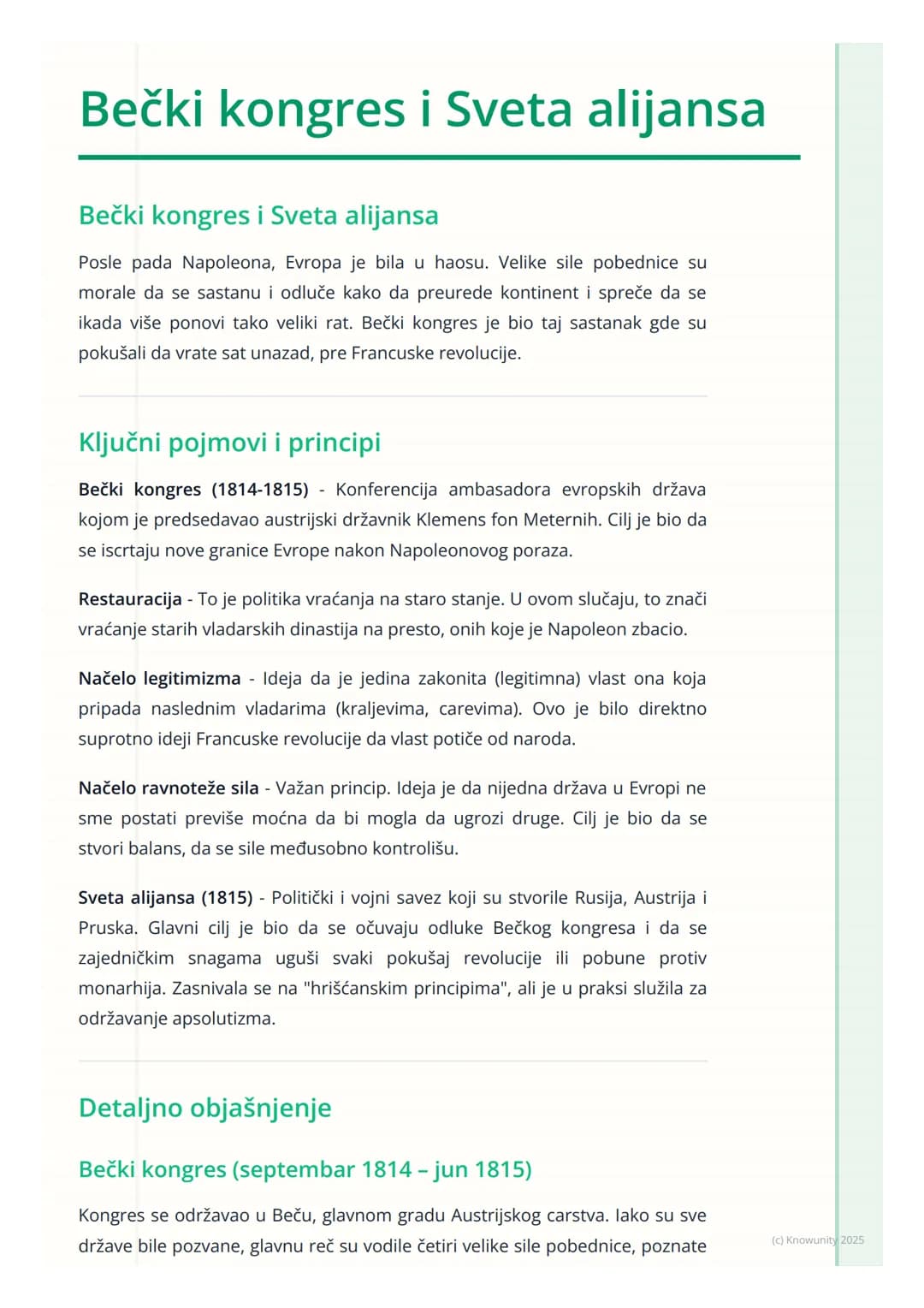 # Bečki kongres i Sveta alijansa

Bečki kongres i Sveta alijansa

Posle pada Napoleona, Evropa je bila u haosu. Velike sile pobednice su
mor