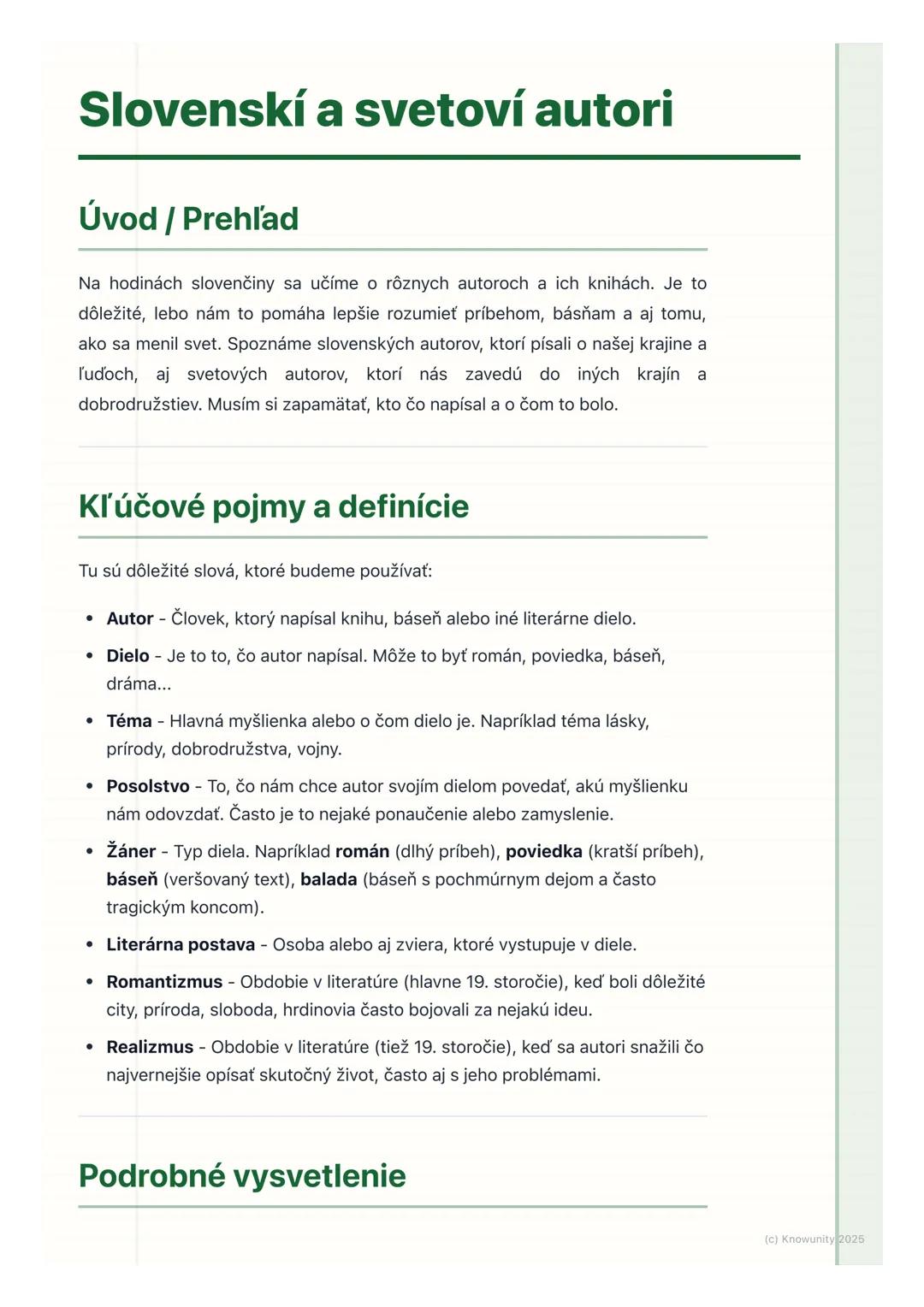 # Slovenskí a svetoví autori

## Úvod / Prehľad

Na hodinách slovenčiny sa učíme o rôznych autoroch a ich knihách. Je to
dôležité, lebo nám 