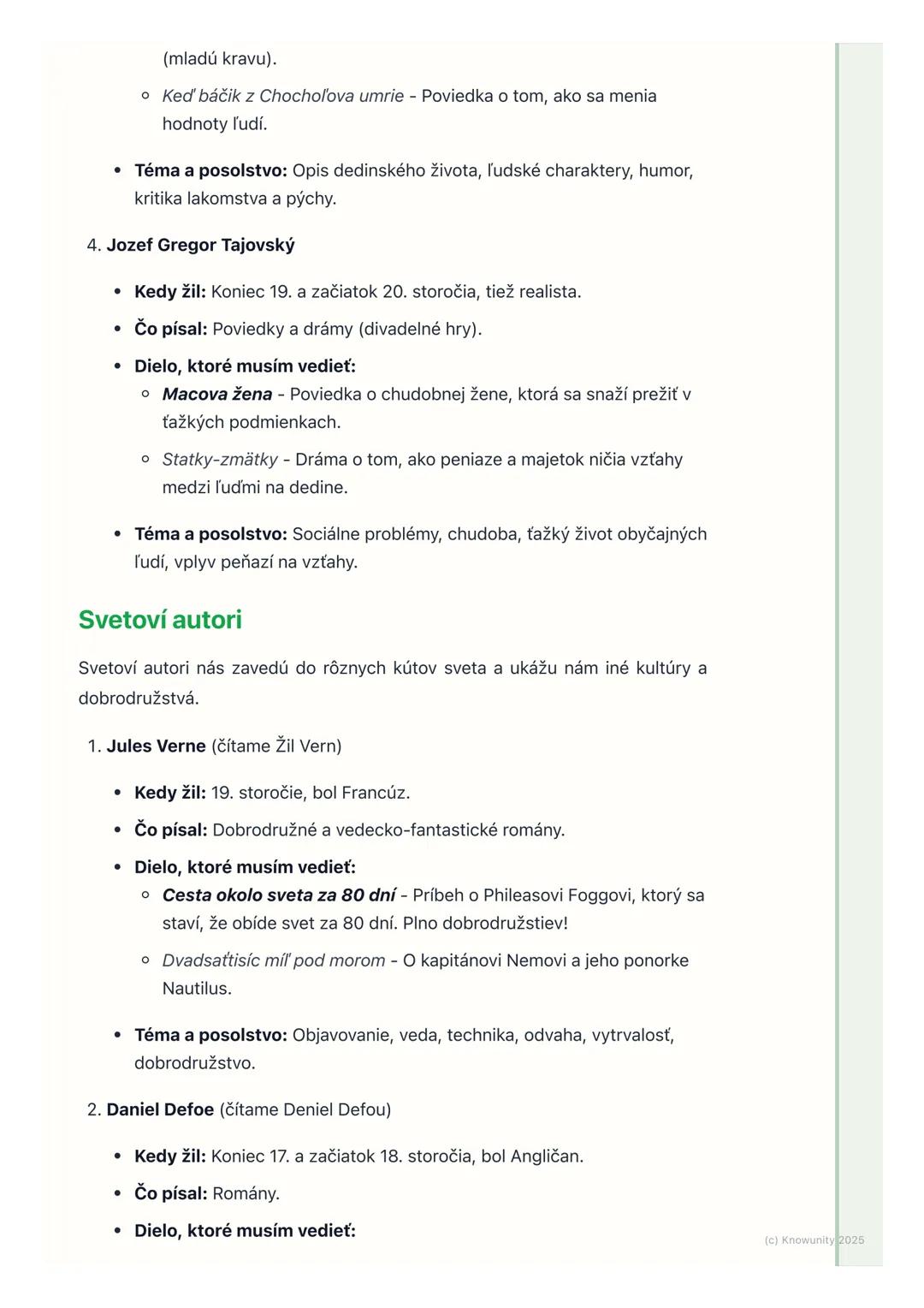 # Slovenskí a svetoví autori

## Úvod / Prehľad

Na hodinách slovenčiny sa učíme o rôznych autoroch a ich knihách. Je to
dôležité, lebo nám 