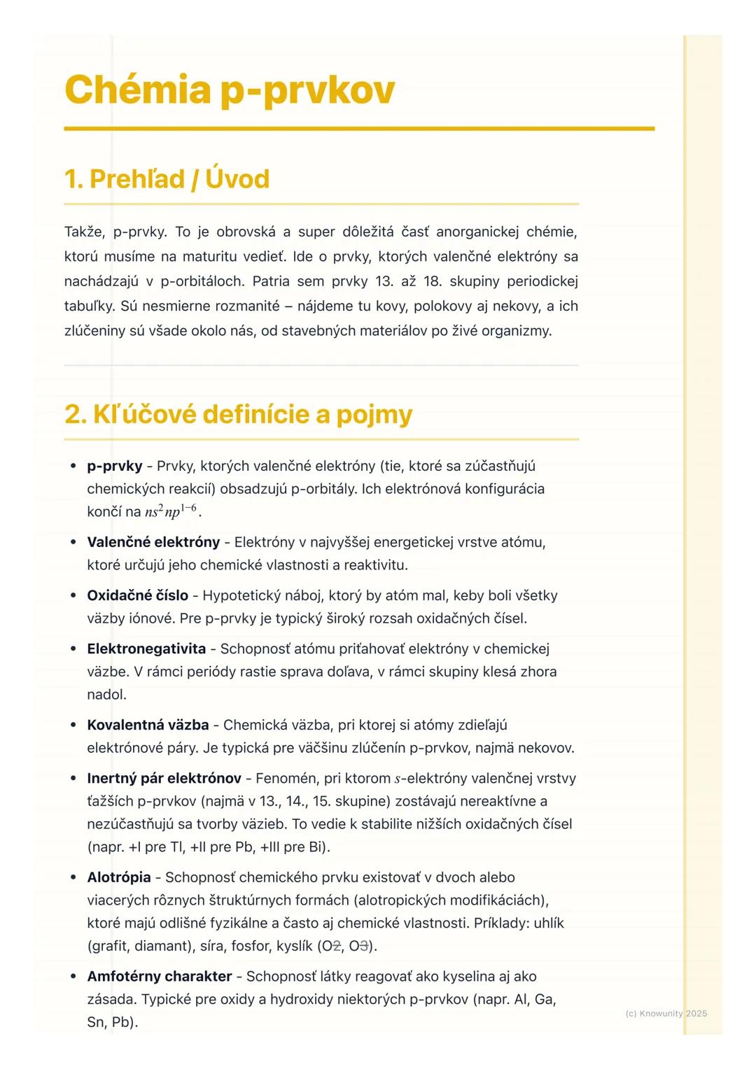 # Chémia p-prvkov

## 1. Prehľad / Úvod

Takže, p-prvky. To je obrovská a super dôležitá časť anorganickej chémie,
ktorú musíme na maturitu 