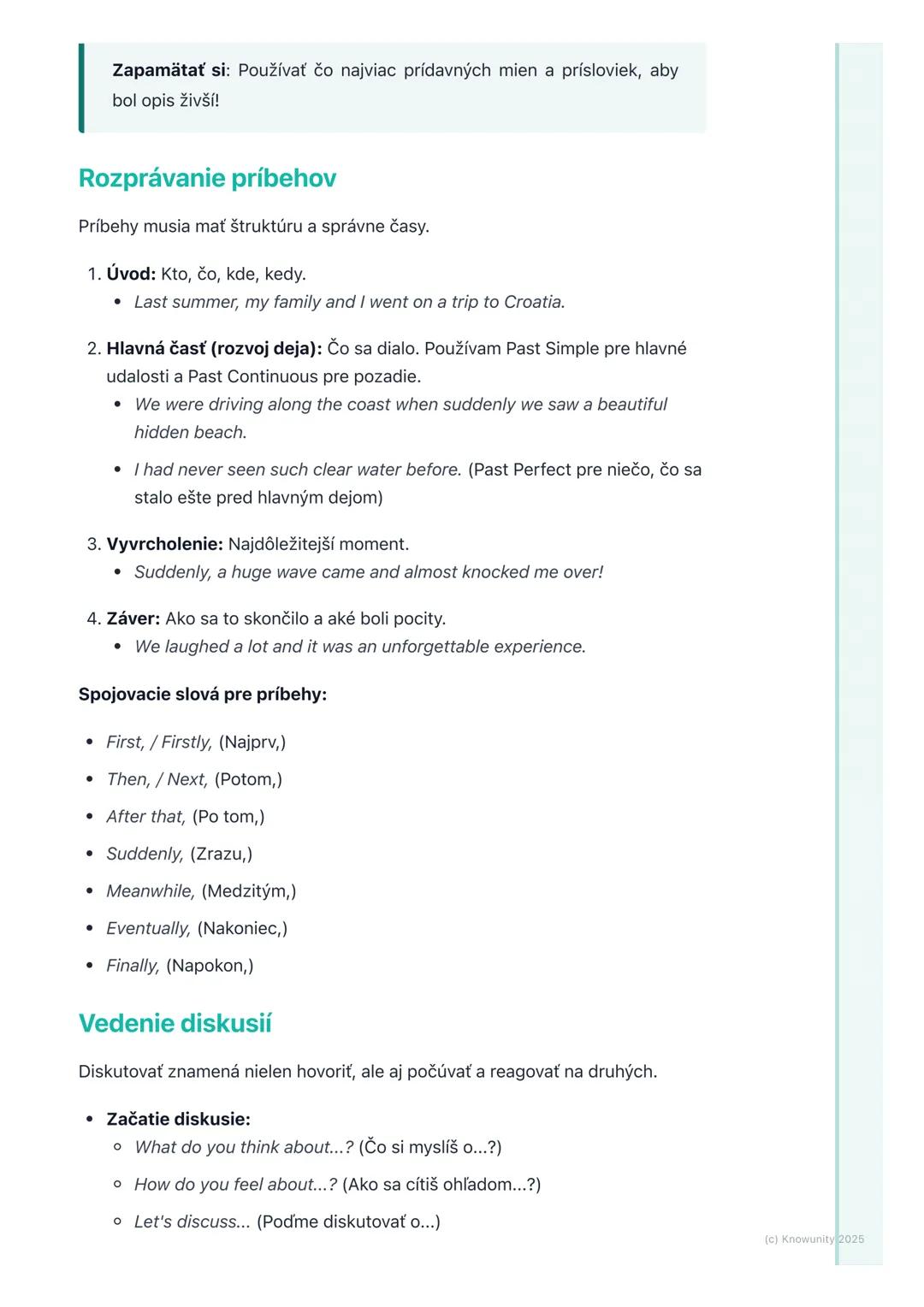 # Hovorenie (Speaking)

1. Prehľad / Úvod

Hovorenie v angličtine je super dôležité, nielen na skúšky, ale aj v reálnom
živote. Či už cestuj