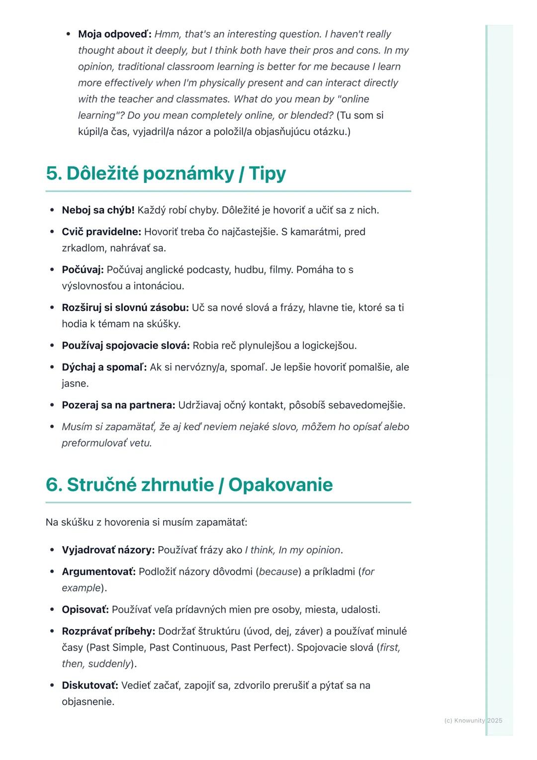 # Hovorenie (Speaking)

1. Prehľad / Úvod

Hovorenie v angličtine je super dôležité, nielen na skúšky, ale aj v reálnom
živote. Či už cestuj