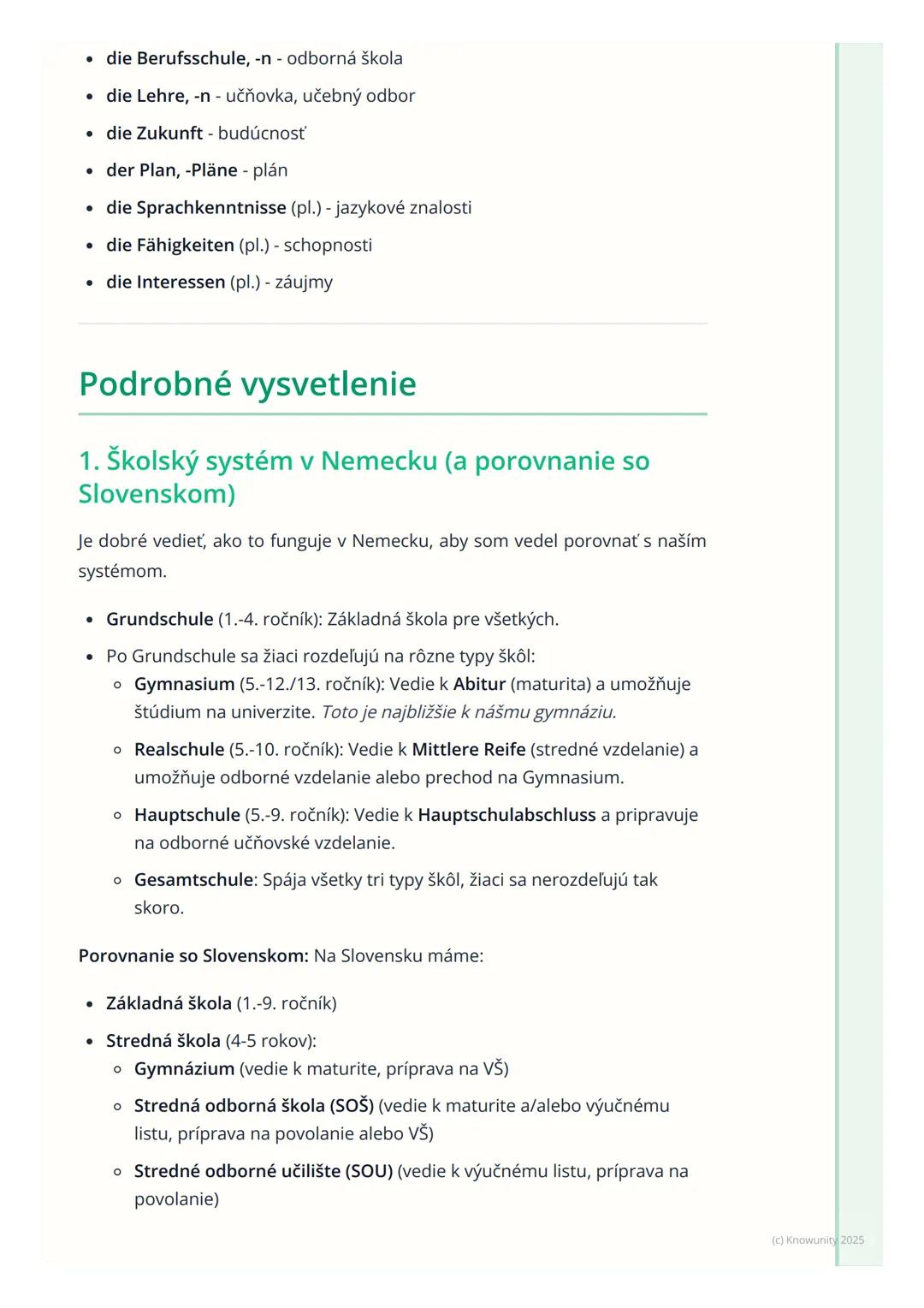 # Škola, vzdelávanie a budúce
plány

Prehľad

Táto téma je dôležitá, lebo sa často objavuje na ústnej maturite z nemčiny,
ale aj v bežnej ko
