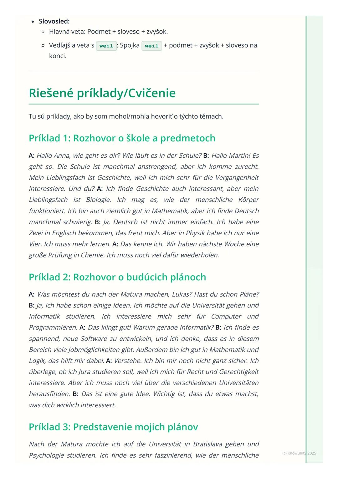 # Škola, vzdelávanie a budúce
plány

Prehľad

Táto téma je dôležitá, lebo sa často objavuje na ústnej maturite z nemčiny,
ale aj v bežnej ko