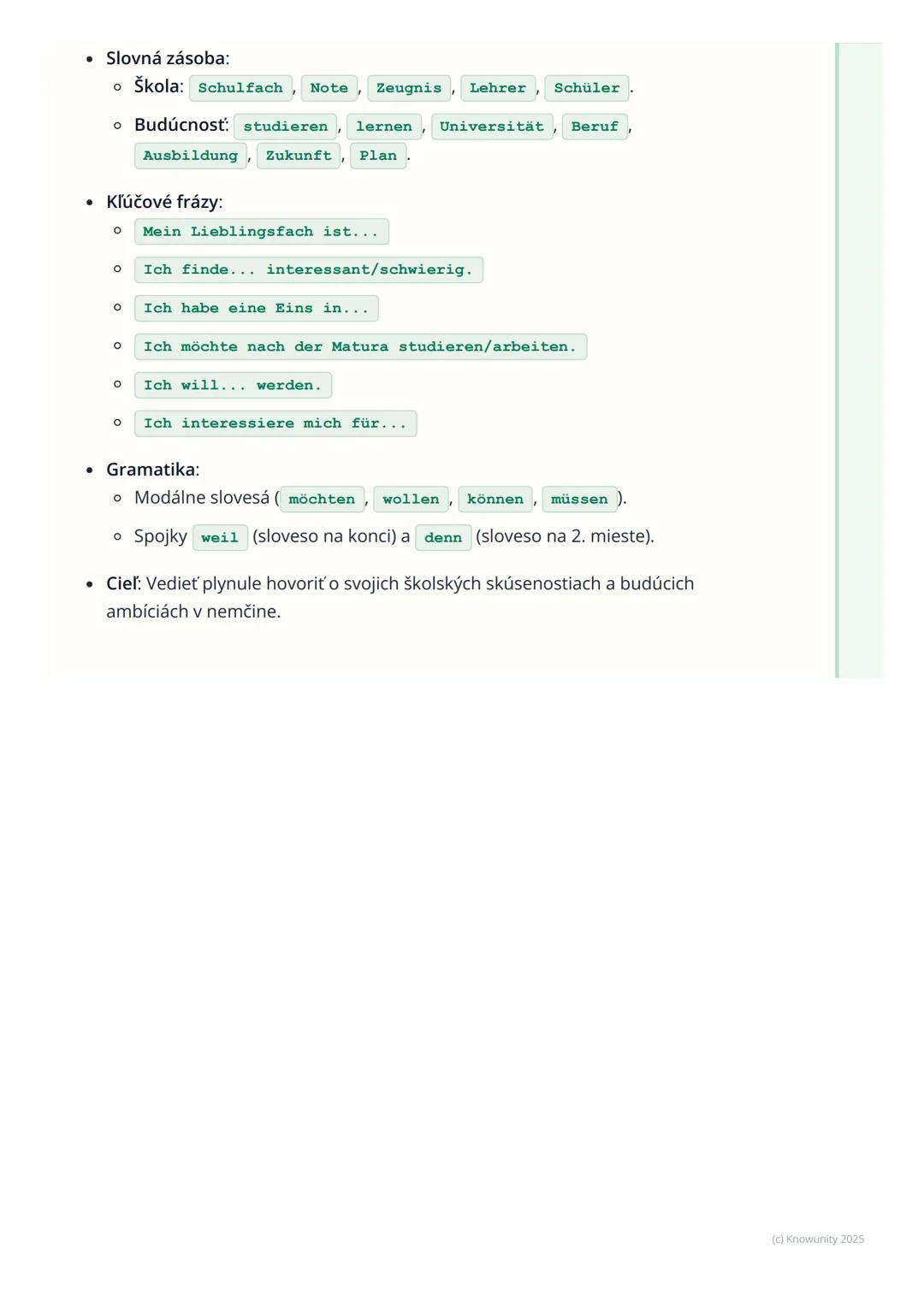 # Škola, vzdelávanie a budúce
plány

Prehľad

Táto téma je dôležitá, lebo sa často objavuje na ústnej maturite z nemčiny,
ale aj v bežnej ko