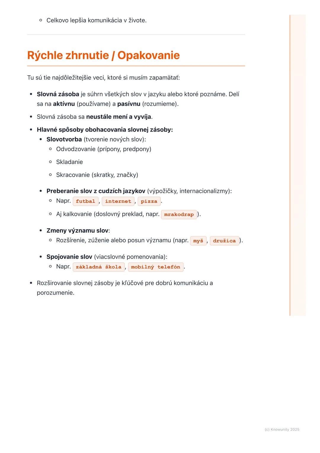 # Slovná zásoba a jej
obohacovanie

Prehľad / Úvod

Takže, dnes si prejdeme slovnú zásobu a ako ju môžeme obohacovať. Je to
dôležité, lebo č