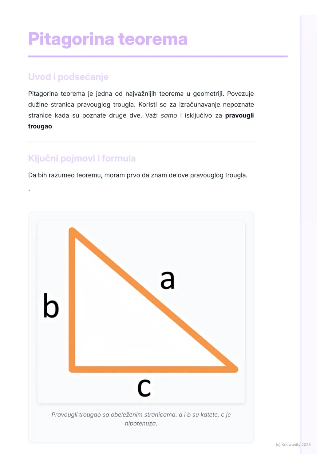 # Pitagorina teorema

Uvod i podsećanje

Pitagorina teorema je jedna od najvažnijih teorema u geometriji. Povezuje
dužine stranica pravouglo