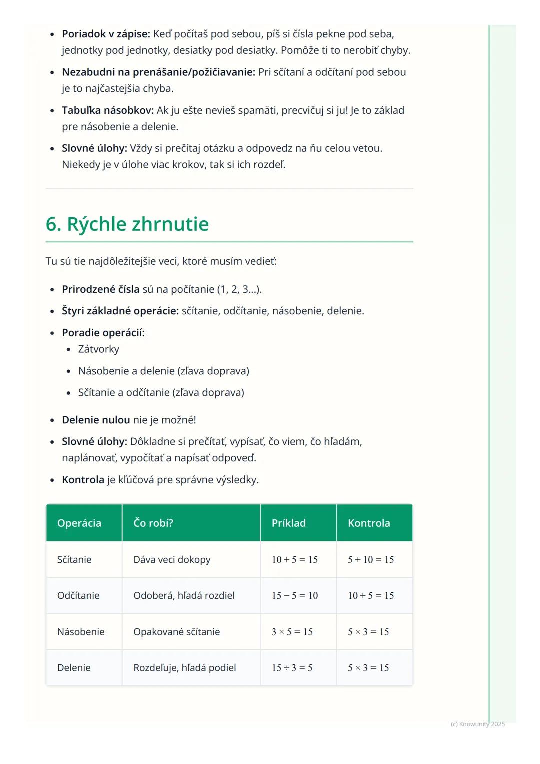 # Operácie s prirodzenými
číslami

1. Prehľad a úvod

Dnes si zopakujeme, ako pracujeme s prirodzenými číslami. To sú tie čísla,
ktoré použí