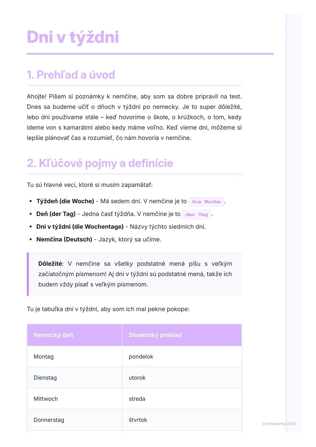 # Dni v týždni

1. Prehľad a úvod

Ahojte! Píšem si poznámky k nemčine, aby som sa dobre pripravil na test.
Dnes sa budeme učiť o dňoch v tý