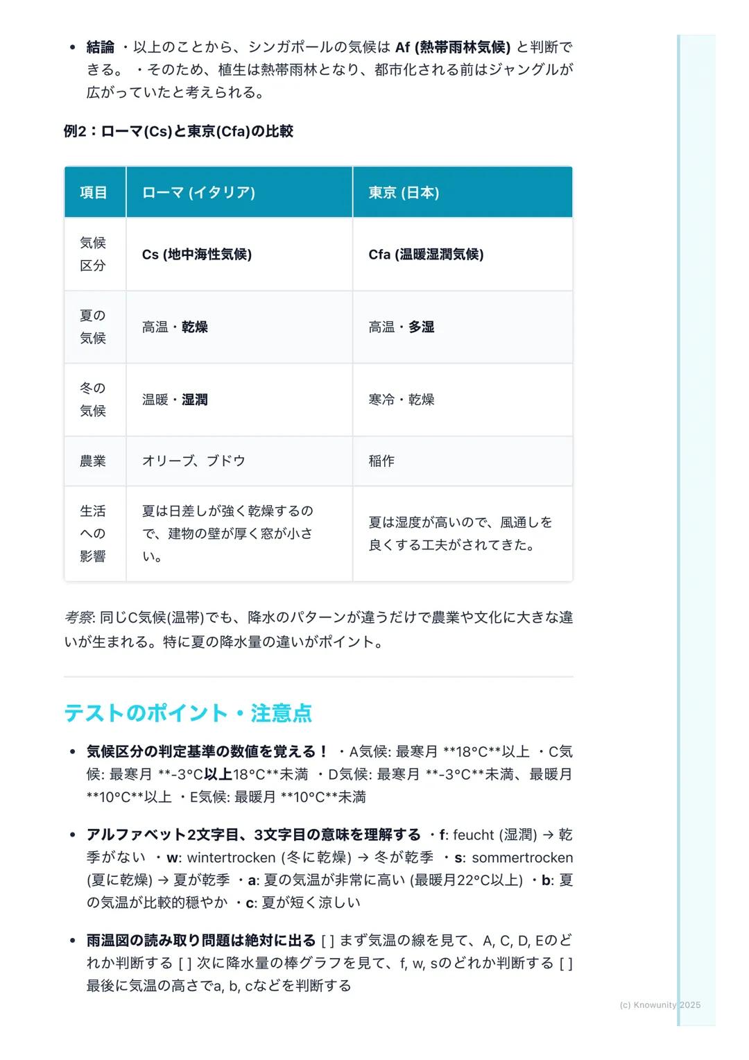 # 地球の気候と植生

地球の気候と植生

気候は、その土地の気温や降水量によって決まる。そして、気候はその土地にど
んな植物が育つか(植生)を決め、そこに住む人々の生活 (衣食住)にも大きな
影響を与えている。この関係を理解するのが大事。

## 基本的な用語と概念

- 気候