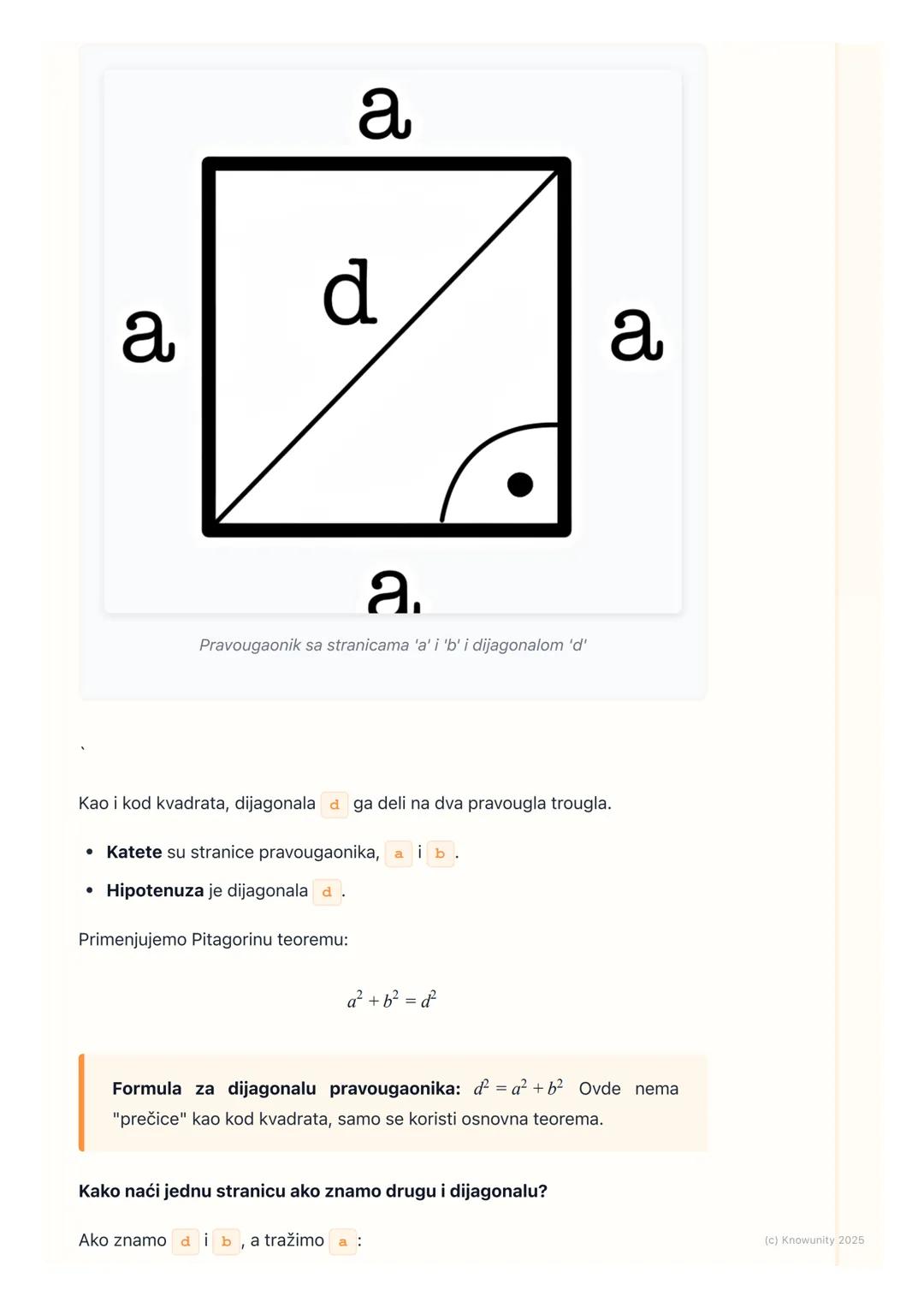 # Primena Pitagorine teoreme u
kvadratu i pravougaoniku

Uvod u primenu teoreme

Pitagorina teorema ($a² + b² = c²$) ne važi samo za apstrak