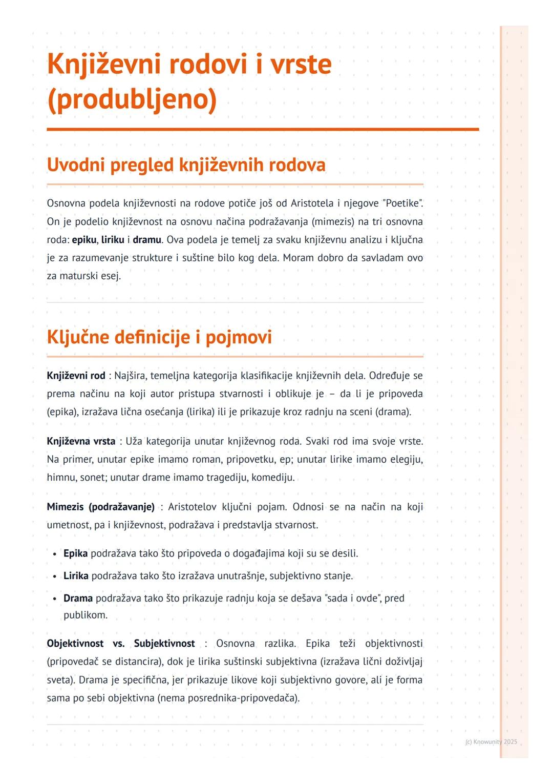 # Književni rodovi i vrste
(produbljeno)

Uvodni pregled književnih rodova

Osnovna podela književnosti na rodove potiče još od Aristotela i