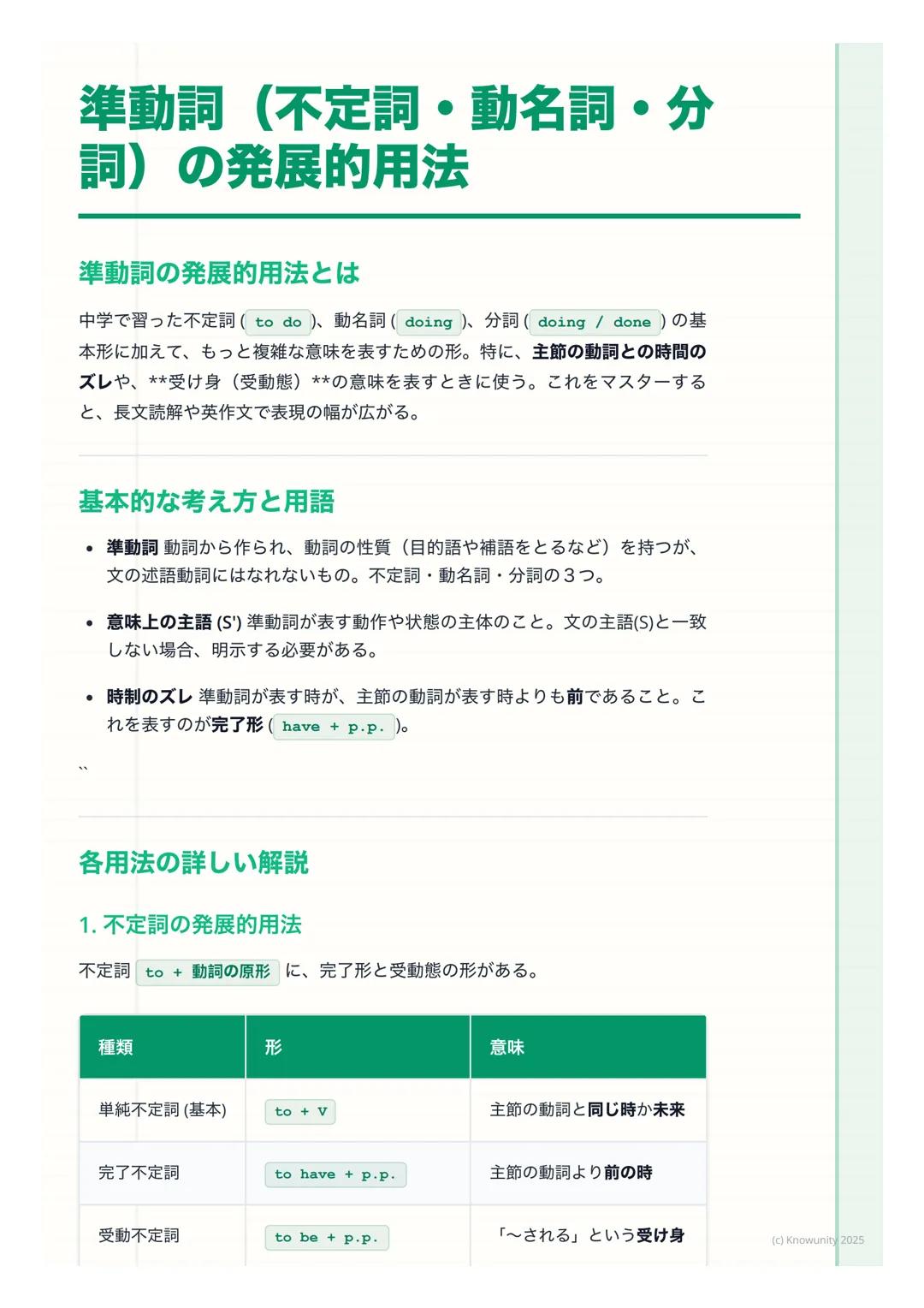 # 準動詞(不定詞・動名詞・分
詞)の発展的用法

準動詞の発展的用法とは

中学で習った不定詞(to do)、動名詞(doing)、分詞(doing / done)の基
本形に加えて、もっと複雑な意味を表すための形。特に、主節の動詞との時間の
ズレや、**受け身 (受動態) *