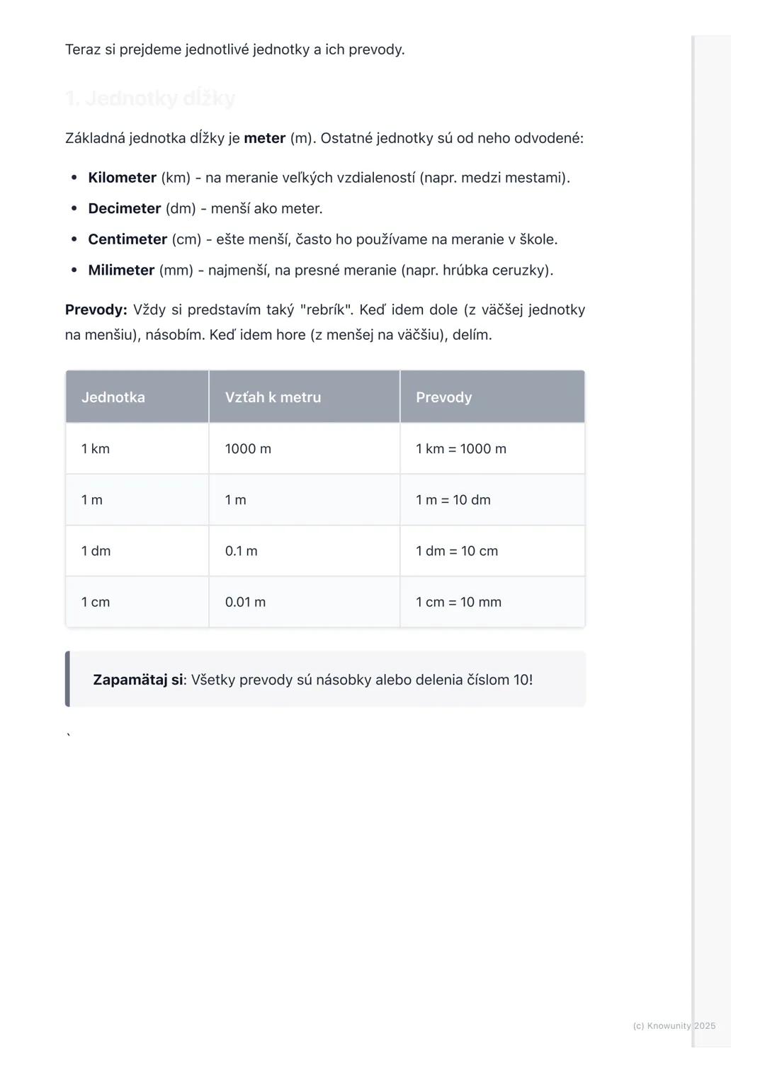# Jednotky dĺžky, obsahu,
objemu, hmotnosti a času

Prehľad / úvod

Dnes si zopakujeme veľmi dôležité veci z matematiky ako meriame rôzne
ve