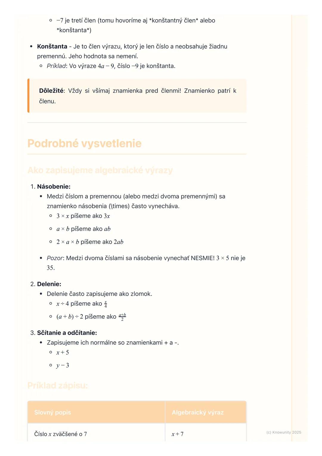 # Algebraické výrazy

Prehľad / Úvod

Dnes sa budeme učiť o algebraických výrazoch. Je to dôležitá časť
matematiky, ktorá nám pomáha zapisov