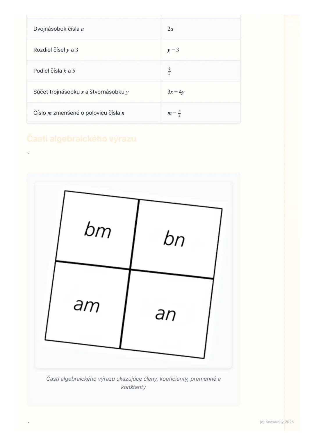# Algebraické výrazy

Prehľad / Úvod

Dnes sa budeme učiť o algebraických výrazoch. Je to dôležitá časť
matematiky, ktorá nám pomáha zapisov