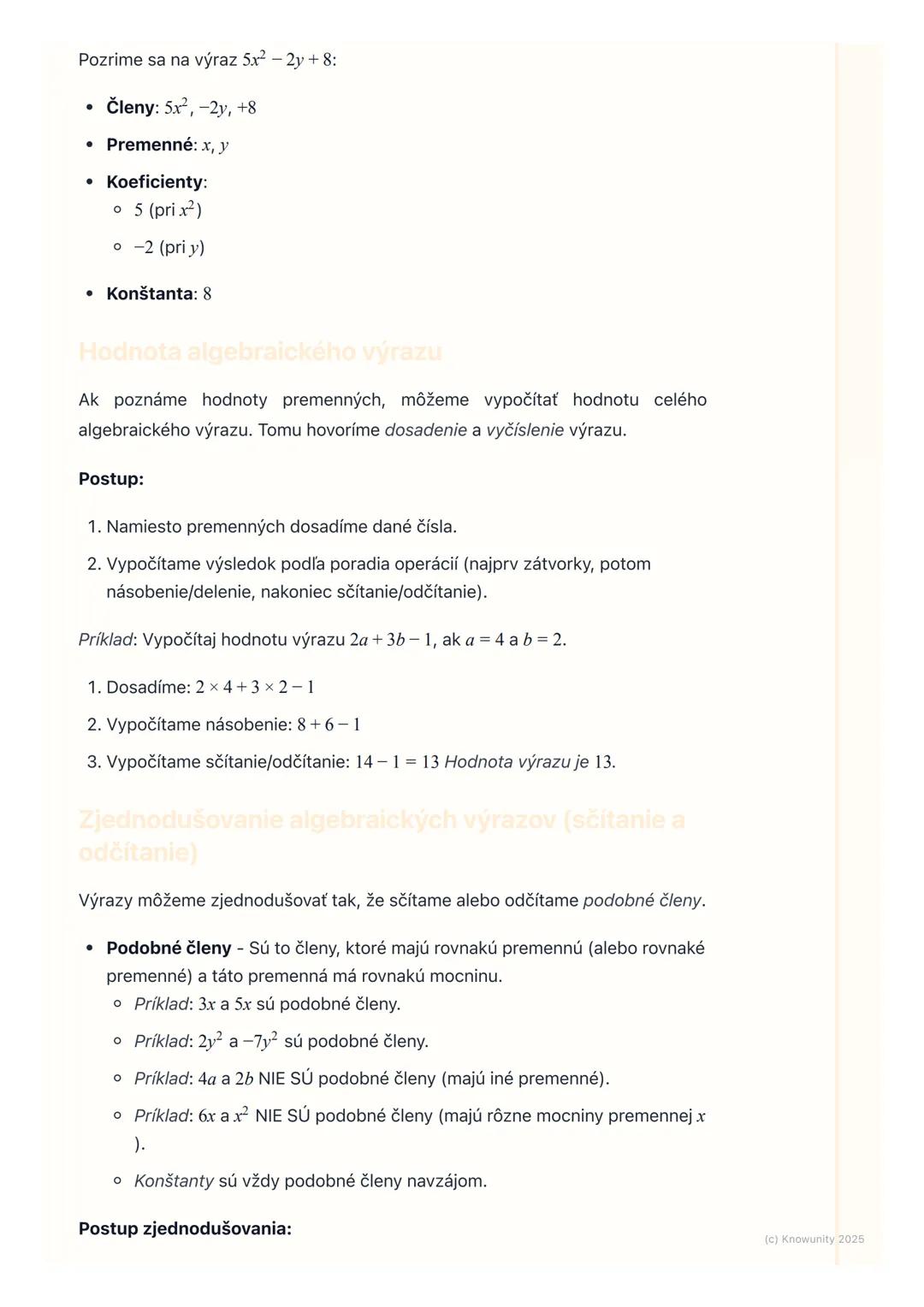 # Algebraické výrazy

Prehľad / Úvod

Dnes sa budeme učiť o algebraických výrazoch. Je to dôležitá časť
matematiky, ktorá nám pomáha zapisov