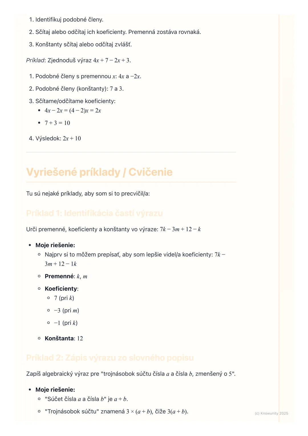 # Algebraické výrazy

Prehľad / Úvod

Dnes sa budeme učiť o algebraických výrazoch. Je to dôležitá časť
matematiky, ktorá nám pomáha zapisov