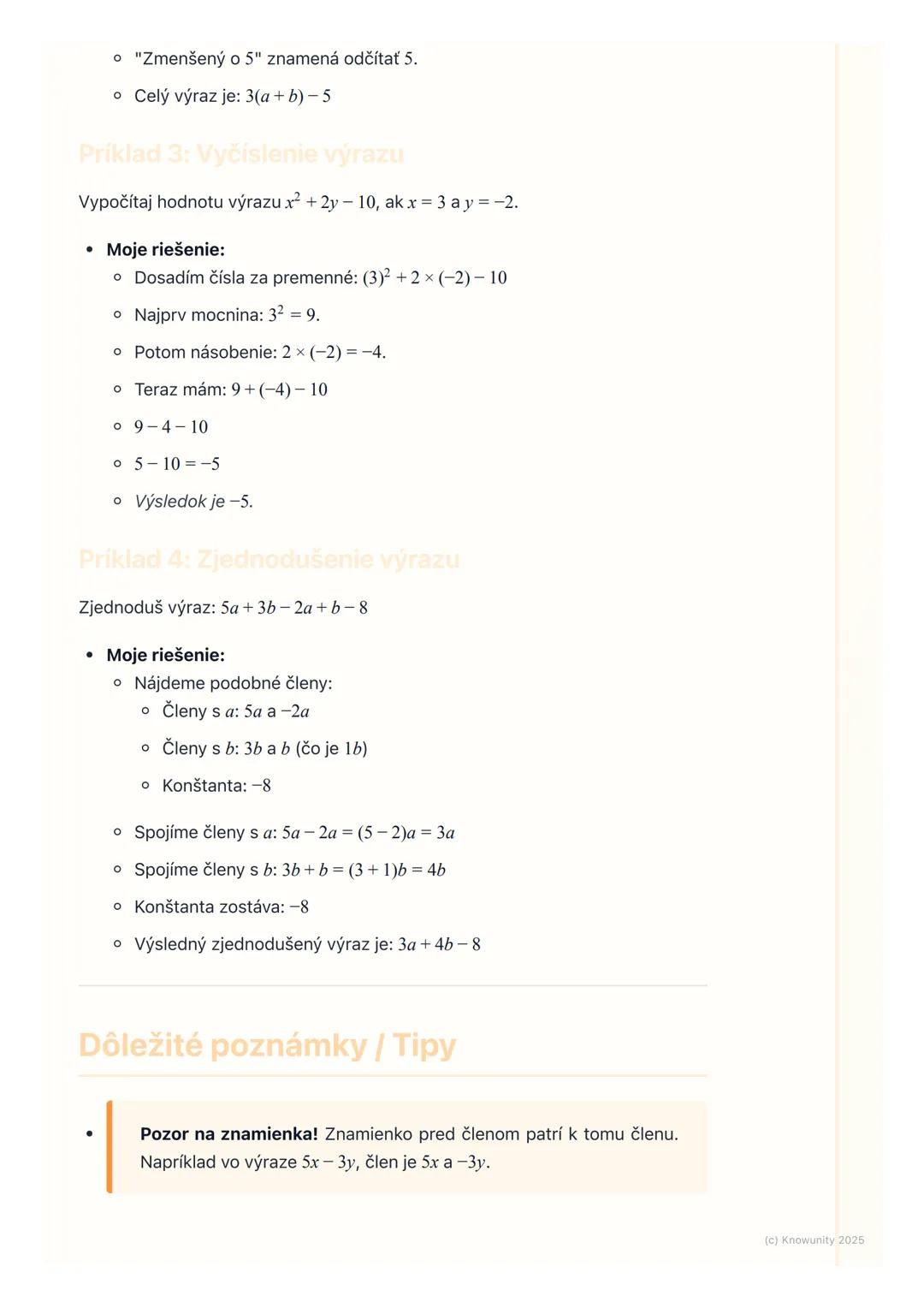 # Algebraické výrazy

Prehľad / Úvod

Dnes sa budeme učiť o algebraických výrazoch. Je to dôležitá časť
matematiky, ktorá nám pomáha zapisov