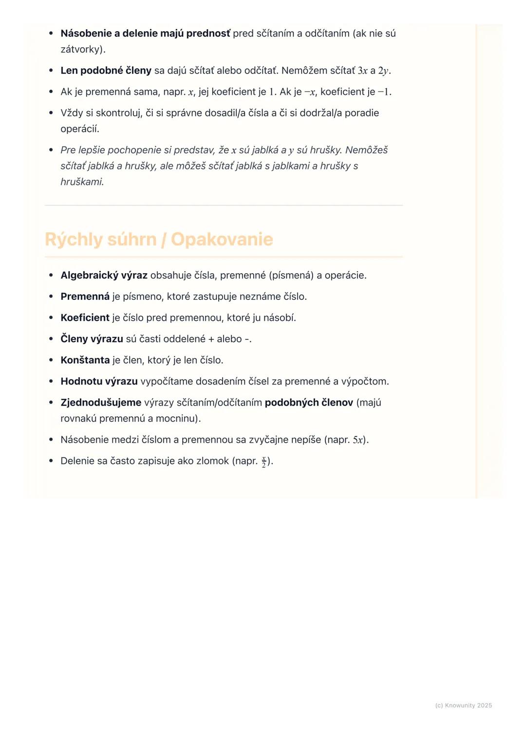 # Algebraické výrazy

Prehľad / Úvod

Dnes sa budeme učiť o algebraických výrazoch. Je to dôležitá časť
matematiky, ktorá nám pomáha zapisov
