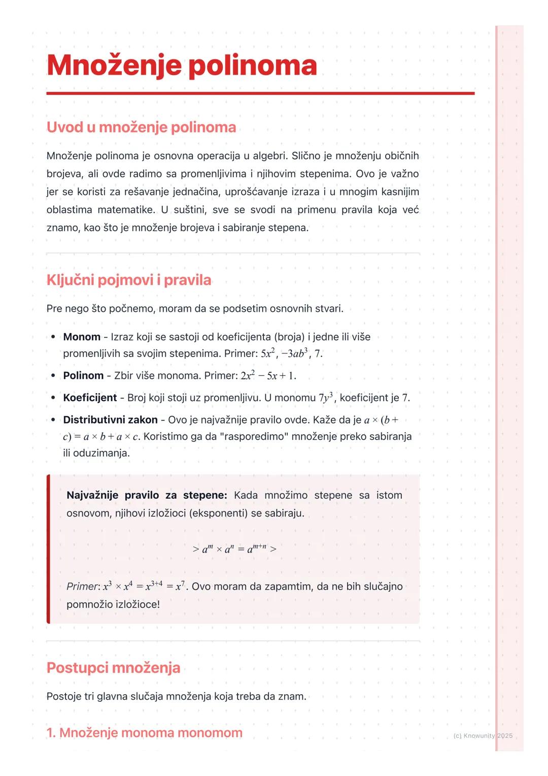 # Množenje polinoma

Uvod u množenje polinoma

Množenje polinoma je osnovna operacija u algebri. Slično je množenju običnih
brojeva, ali ovd