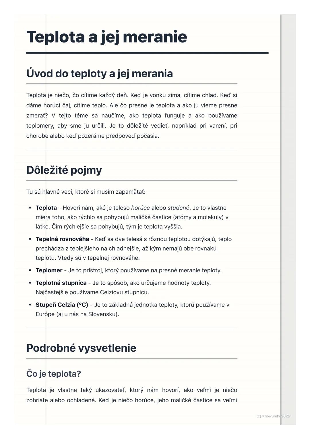 # Teplota a jej meranie

## Úvod do teploty a jej merania

Teplota je niečo, čo cítime každý deň. Keď je vonku zima, cítime chlad. Keď si
dá