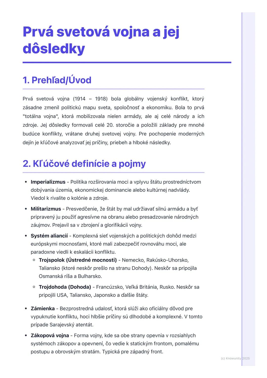 # Prvá svetová vojna a jej
dôsledky

1. Prehľad/Úvod

Prvá svetová vojna (1914 1918) bola globálny vojenský konflikt, ktorý
zásadne zmenil p