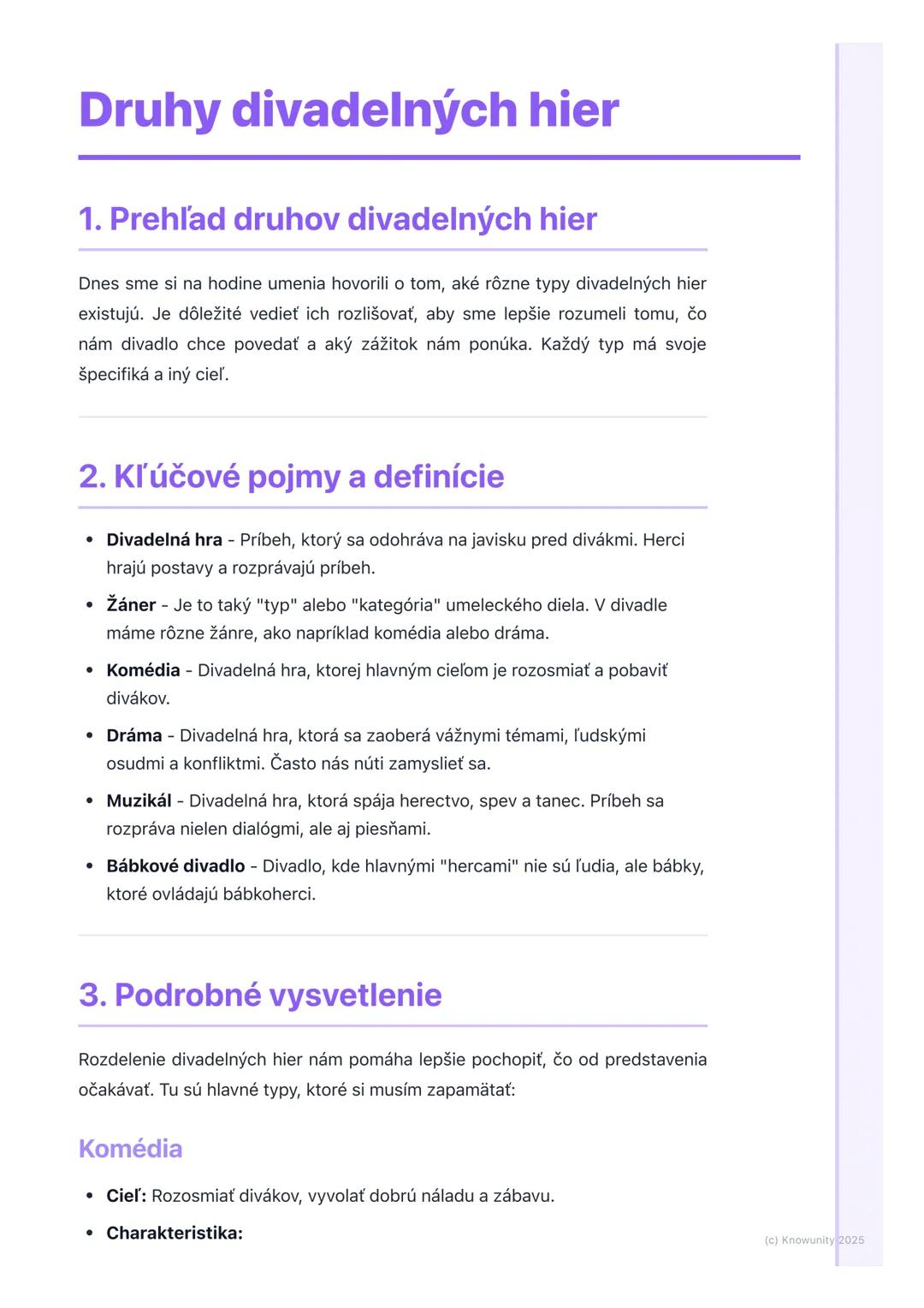 # Druhy divadelných hier

1. Prehľad druhov divadelných hier

Dnes sme si na hodine umenia hovorili o tom, aké rôzne typy divadelných hier
e