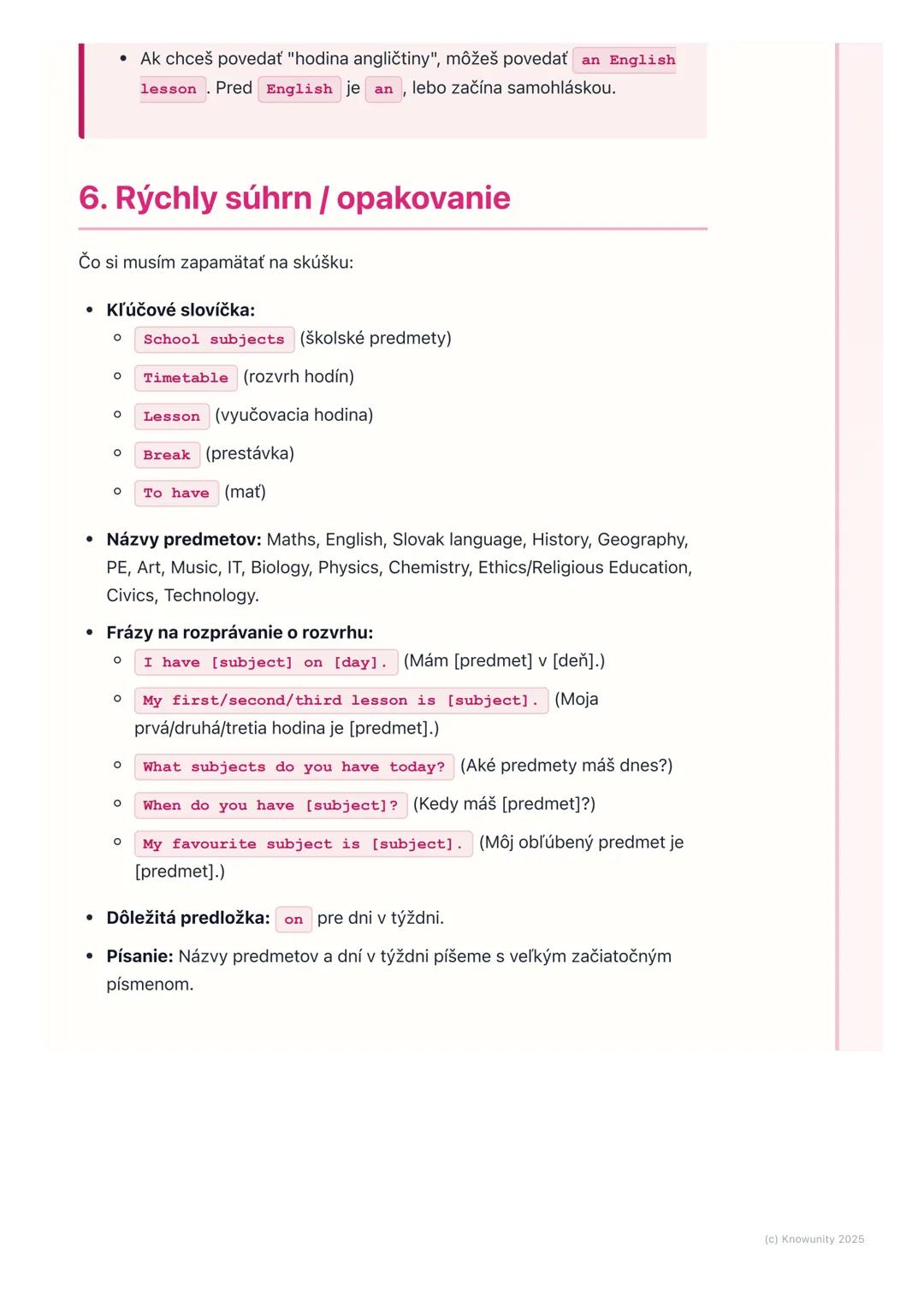 # Školské predmety a rozvrh
hodín

1. Prehľad / úvod

Dnes sa budeme učiť, ako správne pomenovať rôzne školské predmety v
angličtine a ako h