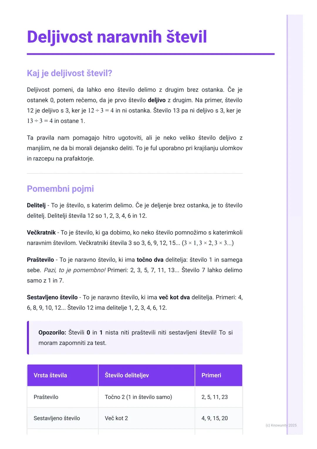 # Deljivost naravnih števil

Kaj je deljivost števil?

Deljivost pomeni, da lahko eno število delimo z drugim brez ostanka. Če je
ostanek 0,