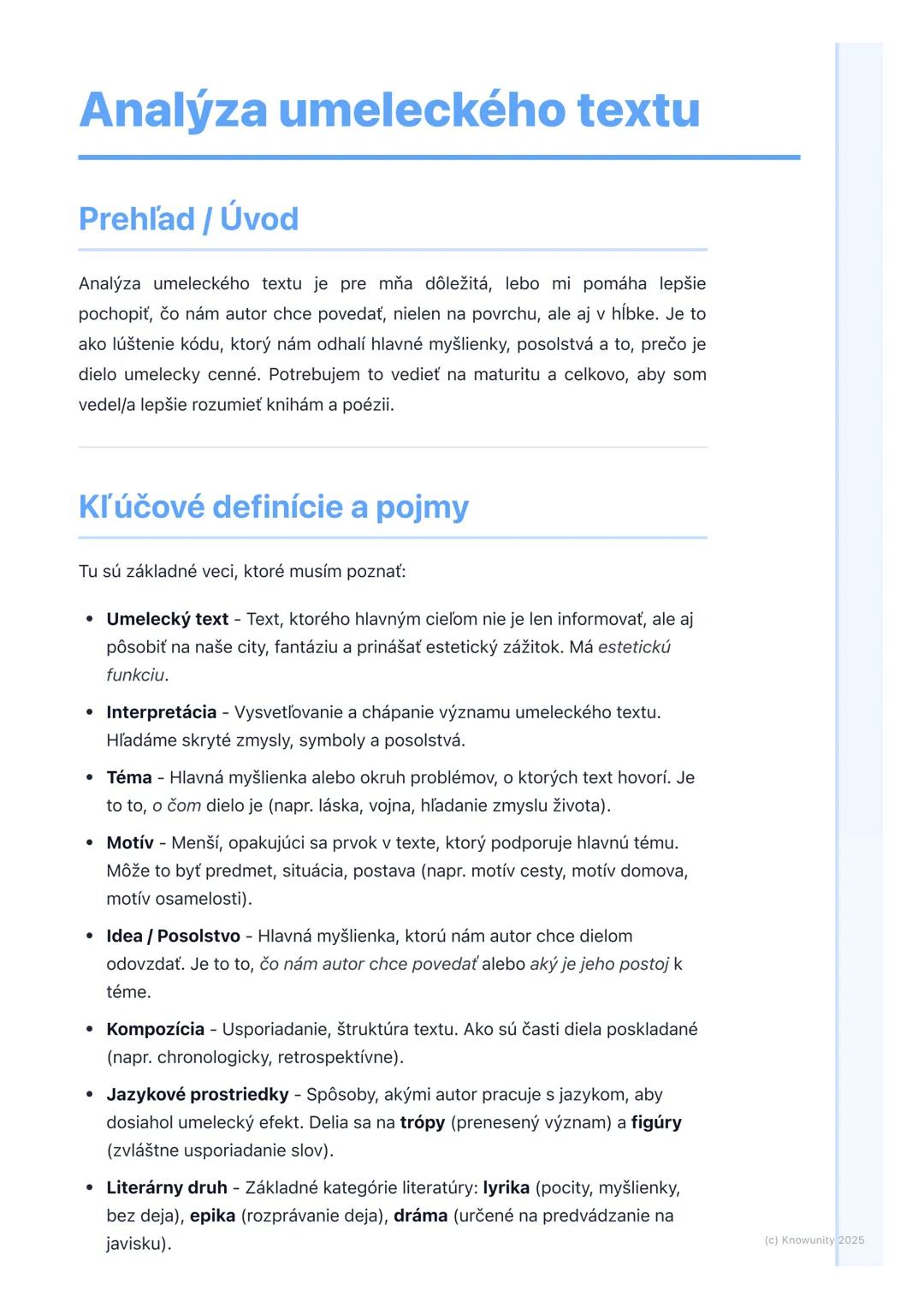 # Analýza umeleckého textu

## Prehľad / Úvod

Analýza umeleckého textu je pre mňa dôležitá, lebo mi pomáha lepšie
pochopiť, čo nám autor ch